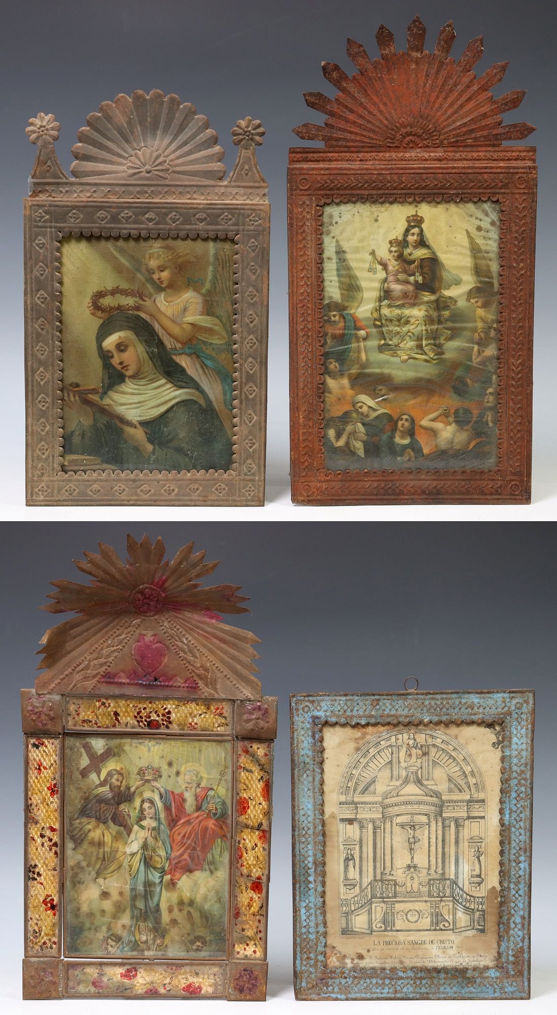 (4) FRAMED RELIGIOUS RETABLO PRINTS, MEXICO: (lot of 4) Framed retablo prints, Mexico, each housed in an embossed metal nicho/frame, including: (1) Our Lady of Mt. Carmel; (1) Jesus Christ on the altar; (1) St. Rita of Cascia; (1) Mary crowned Q
