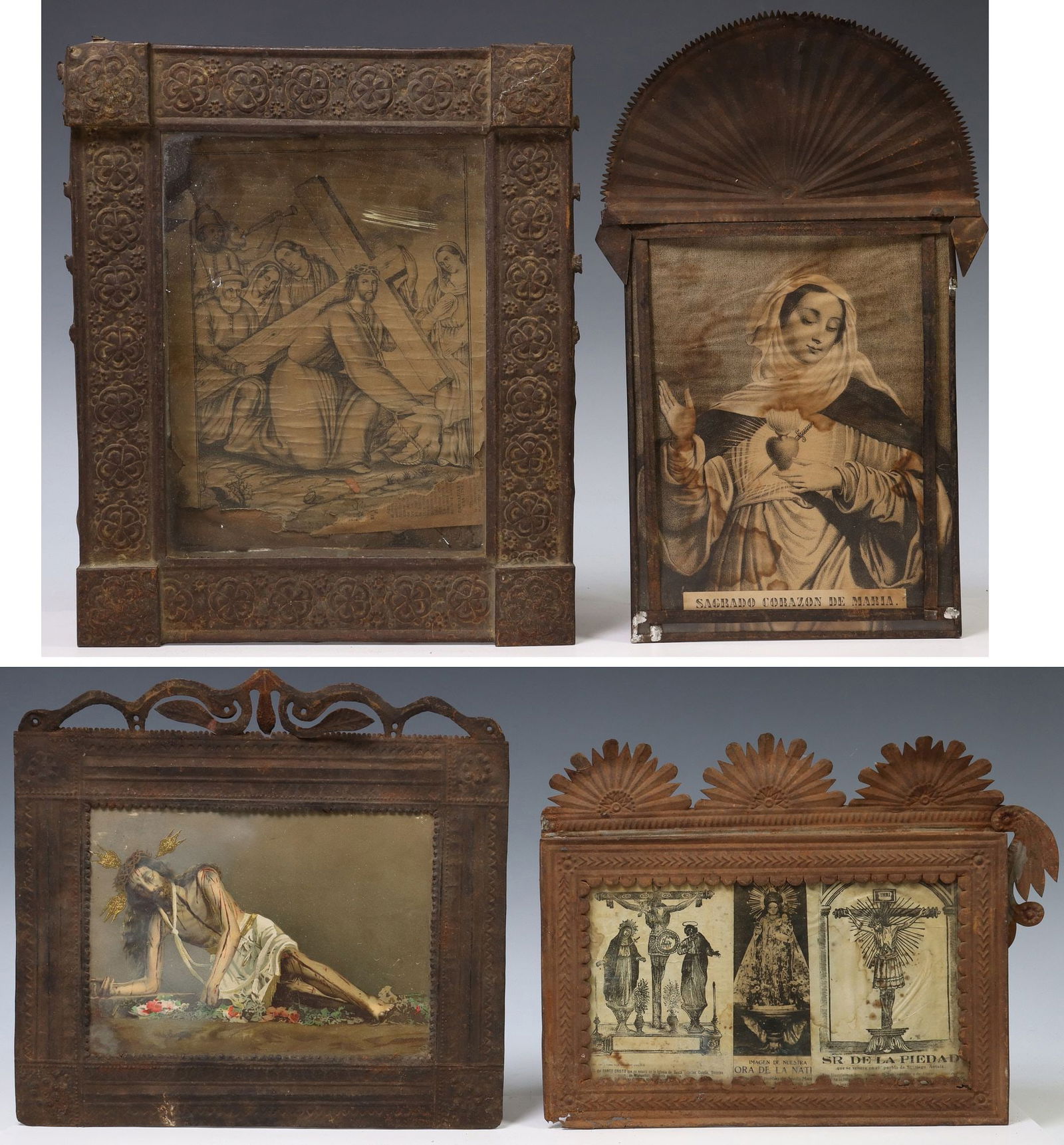 (4) FRAMED RELIGIOUS RETABLO PRINTS, MEXICO: (lot of 4) Framed retablo prints, Mexico, each housed in an embossed metal nicho/ frame, including: (1) El Sagrado Corazon de Maria; (1) Jesus Christ on Calvary; (1) three images in one fram