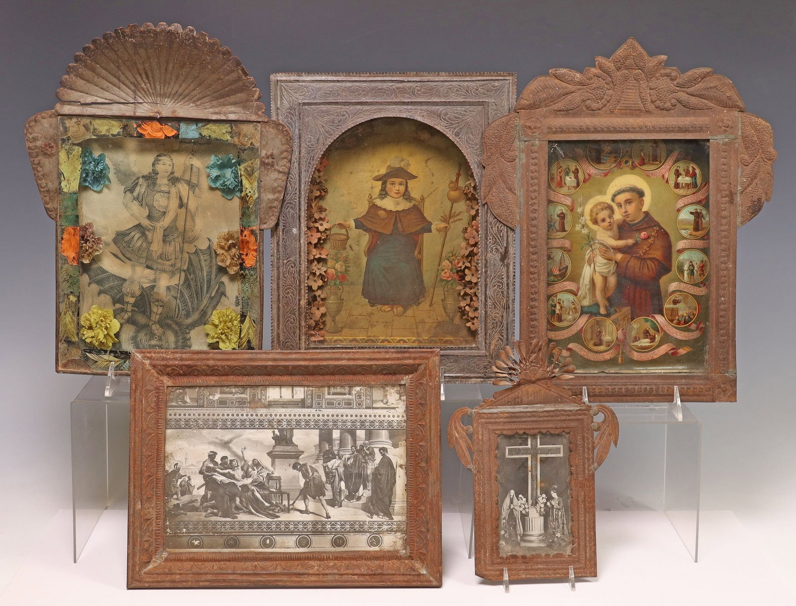 (5) FRAMED RELIGIOUS RETABLO PRINTS, MEXICO: (lot of 5) Framed retablo prints, Mexico, each housed in an embossed metal nicho/ frame, including: (1) Santo Nino de Atocha, with paper flowers, (1) The Trial of Jesus, (1) St. Anthony of 