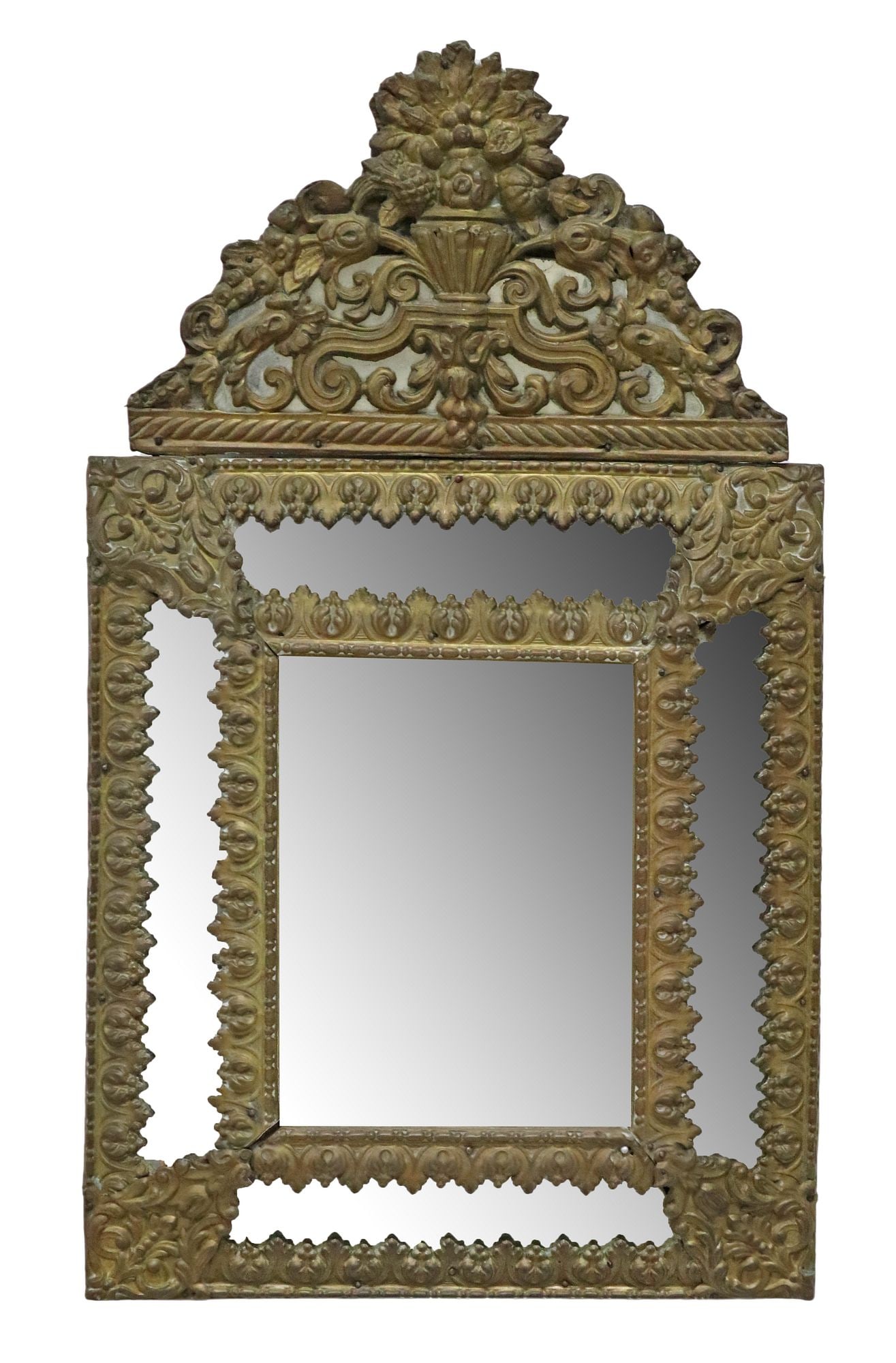 BAROQUE STYLE REPOUSSE GILT METAL MIRROR: Baroque style repousse gilt metal mirror, 19th c., having scrolled foliate crest with central urn motif, over molded cushion frame, encasing central beveled mirror plate, heavy silver loss to mirror p