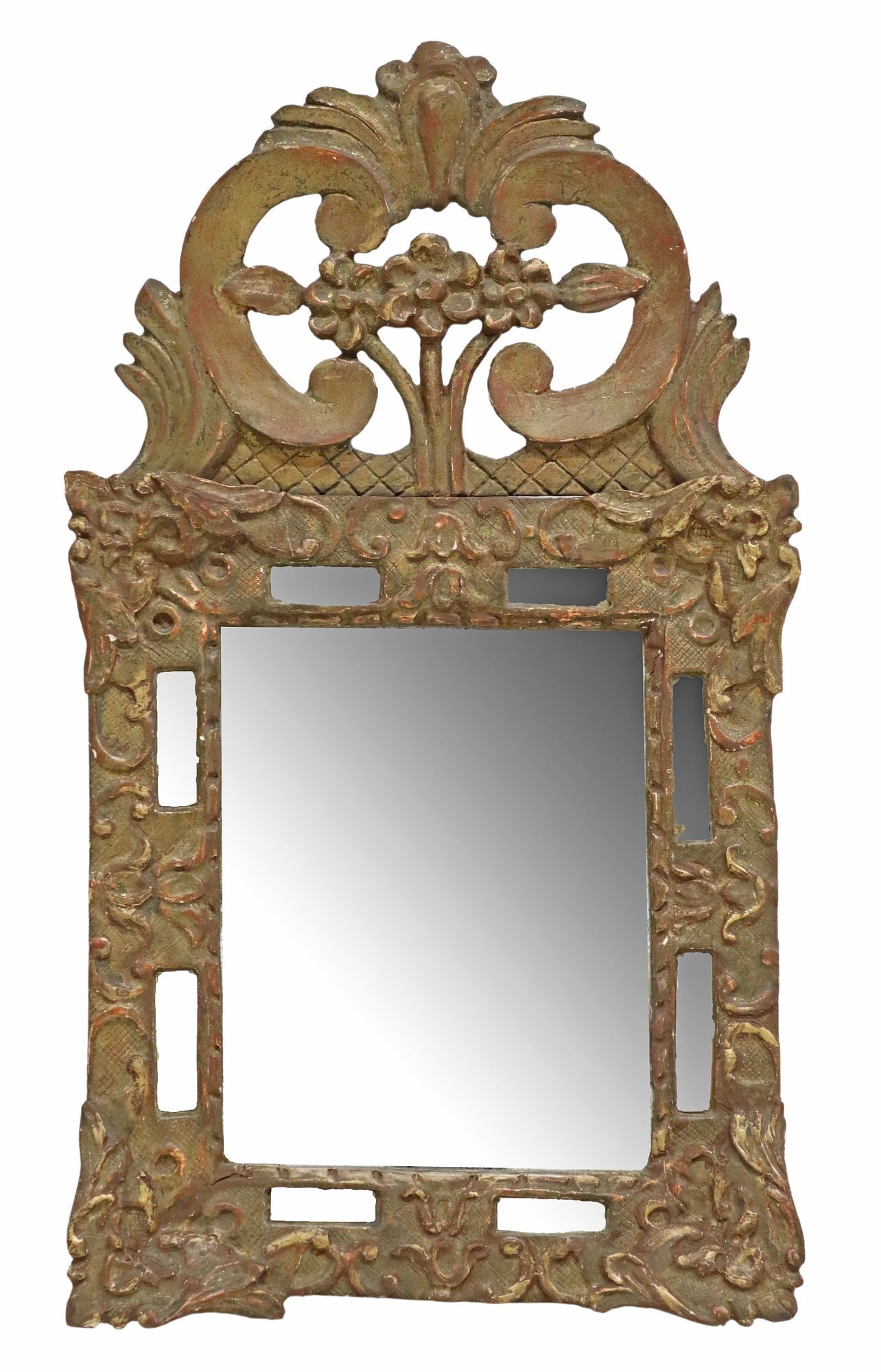FRENCH REGENCE STYLE GILTWOOD PARCLOSE MIRROR: French Regence style giltwood parclose wall mirror, early 19th c., having shaped crest with floral designs, scrolled foliate frame, encasing mirror plate, heavy silver loss, approx 27"h, 15 