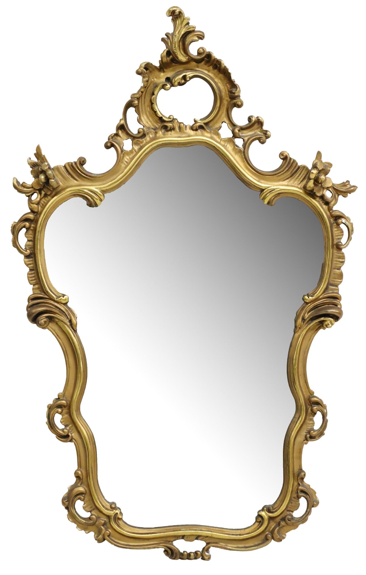 LOUIS XV STYLE GILTWOOD WALL MIRROR: Louis XV style giltwood wall mirror, 20th c., having carved crest over scrolled foliate frame, encasing shaped flat mirror plate, restoration to frame, approx 46.5"h, 29.5"w, 17.4lbs