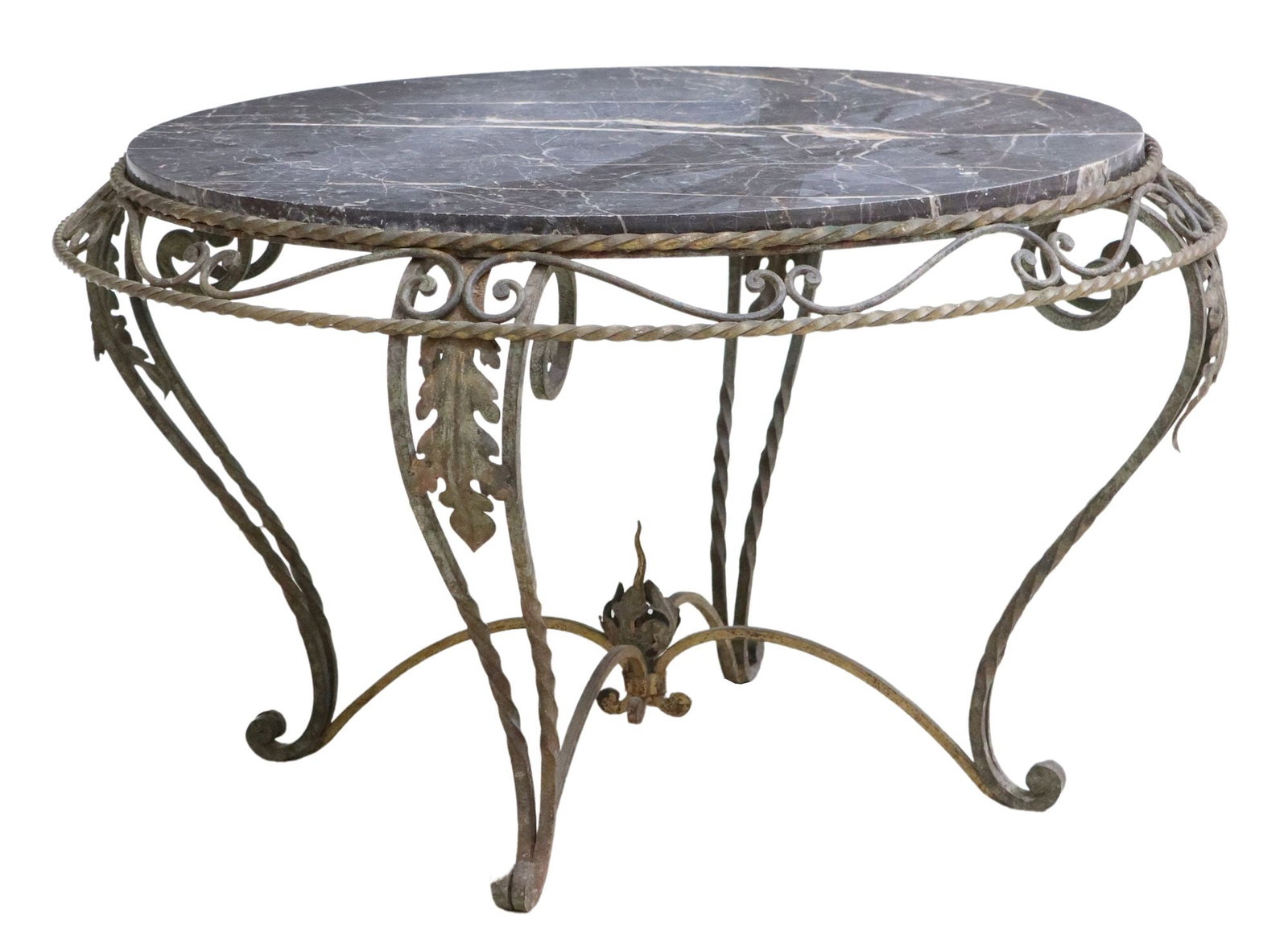 FRENCH MARBLE-TOP METAL ROUND COFFEE TABLE: French metal circular coffee table, mid 20th c., having a marble top within the metal frame, rising on stretcher joined metal supports, approx 19"h, 31.5"diam Start Price: $100.00