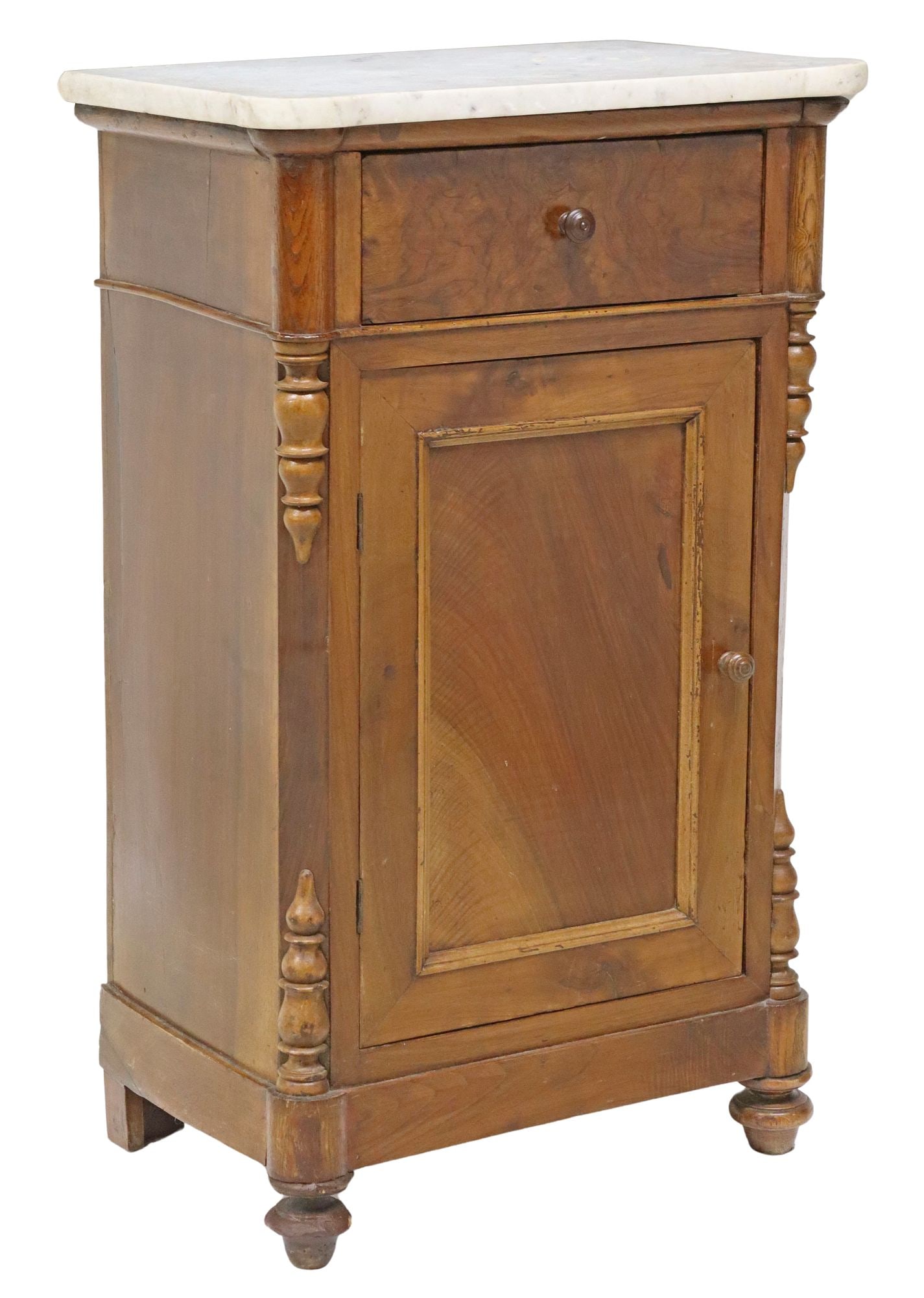 ITALIAN MARBLE-TOP WALNUT BEDSIDE CABINET: Italian marble-top walnut bedside cabinet, early 20th c., having shaped top, over one drawer, one cabinet door, interior with two shelves, on turned feet, approx 33 7/8"h, 20 5/8"w, 13.