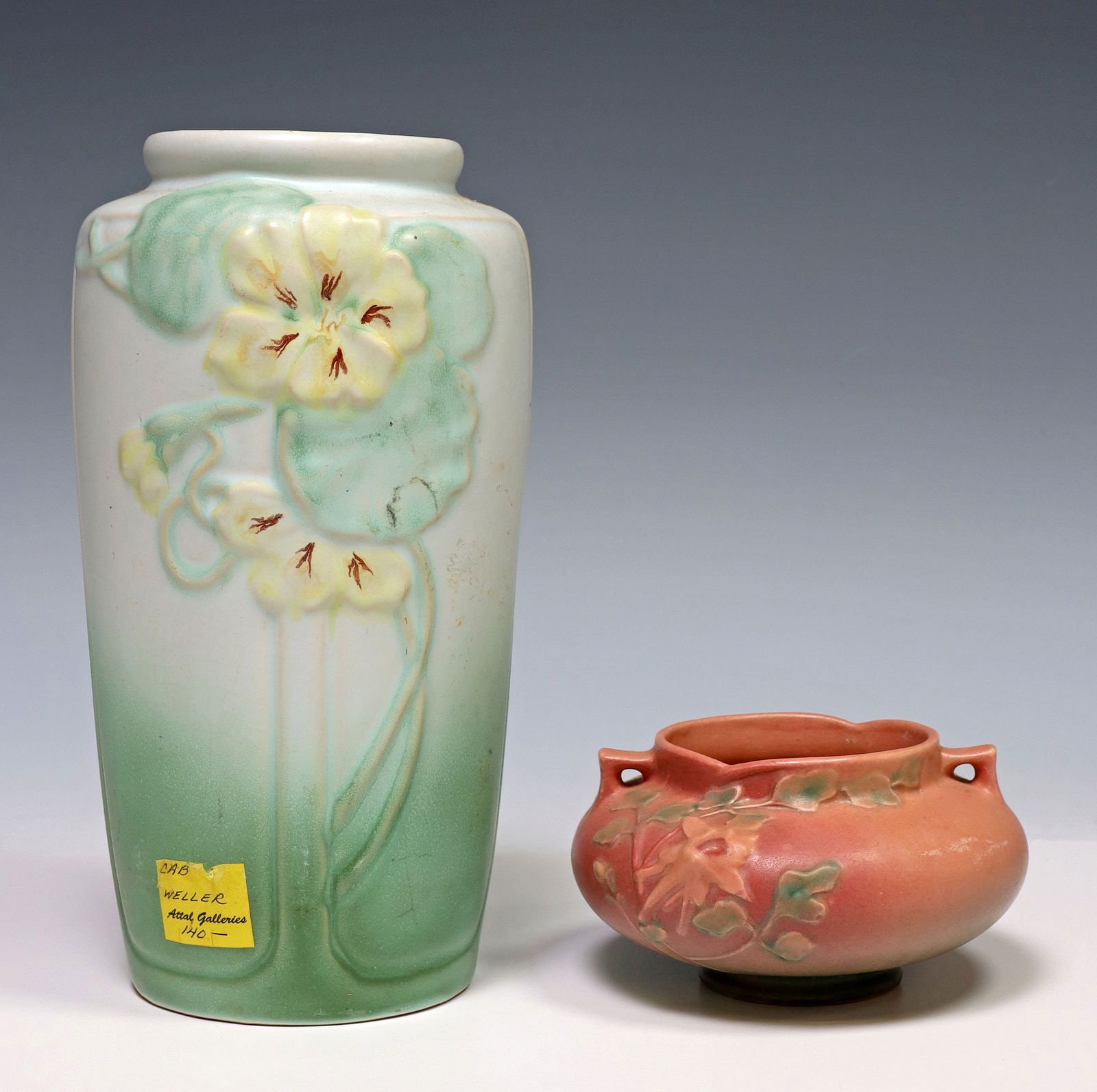 (2) AMERICAN ART POTTERY, ROSEVILLE BOWL & WELLER VASE: (lot of 2) American art pottery, including: (1) Weller vase, in the "Panella" pattern, retaining adhesive maker's tag and Attal Galleries, Austin, Texas label, approx 10.25"h,