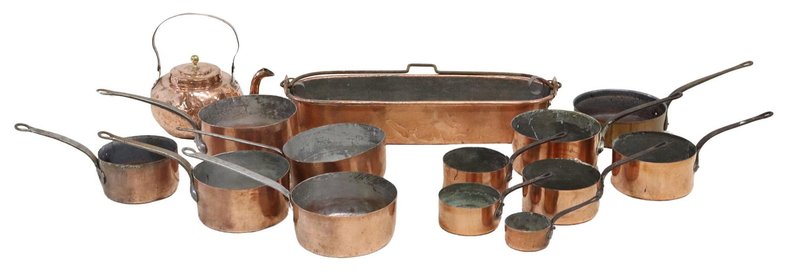 (14) FRENCH COPPER & METAL KICTHENWARE: (lot of 14) French copper and metal kitchenware, including: (1) fish poaching pan, with iron swing handle, approx 6.25"h, 29.75"w, 10.25"d; (1) teapot, approx 12 7/8"h, 13.25"