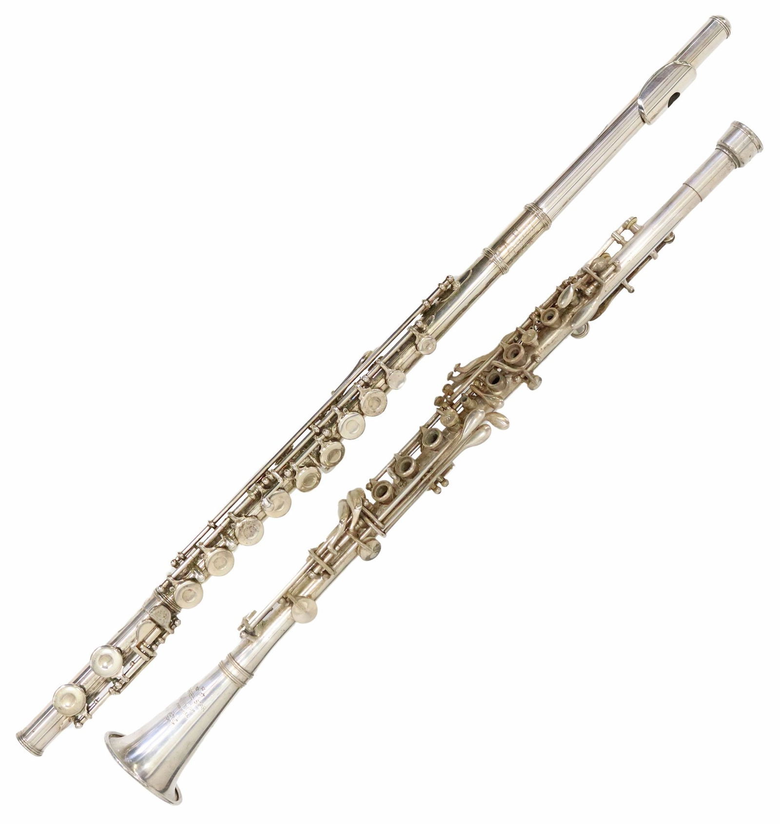 (2) CBC CLARINET & ARTLEY FLUTE: (lot of 2) Musical Instruments: (1) Artley silver plated flute, Model 18-0, housed in Artley case with cleaning rod; (1) Cundy- Bettoney Three Star silver plate Clarinet, housed in case, for ship