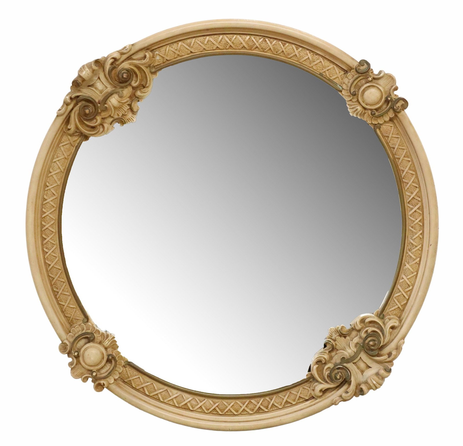 ITALIAN PAINT DECORATED WALL MIRROR: Italian paint decorated wall mirror, 20th c., having scrolled foliate crests with running ornamentation frame, encasing shaped beveled mirror, approx 29.25"h, 29 1/8"w, 14.5lbs 