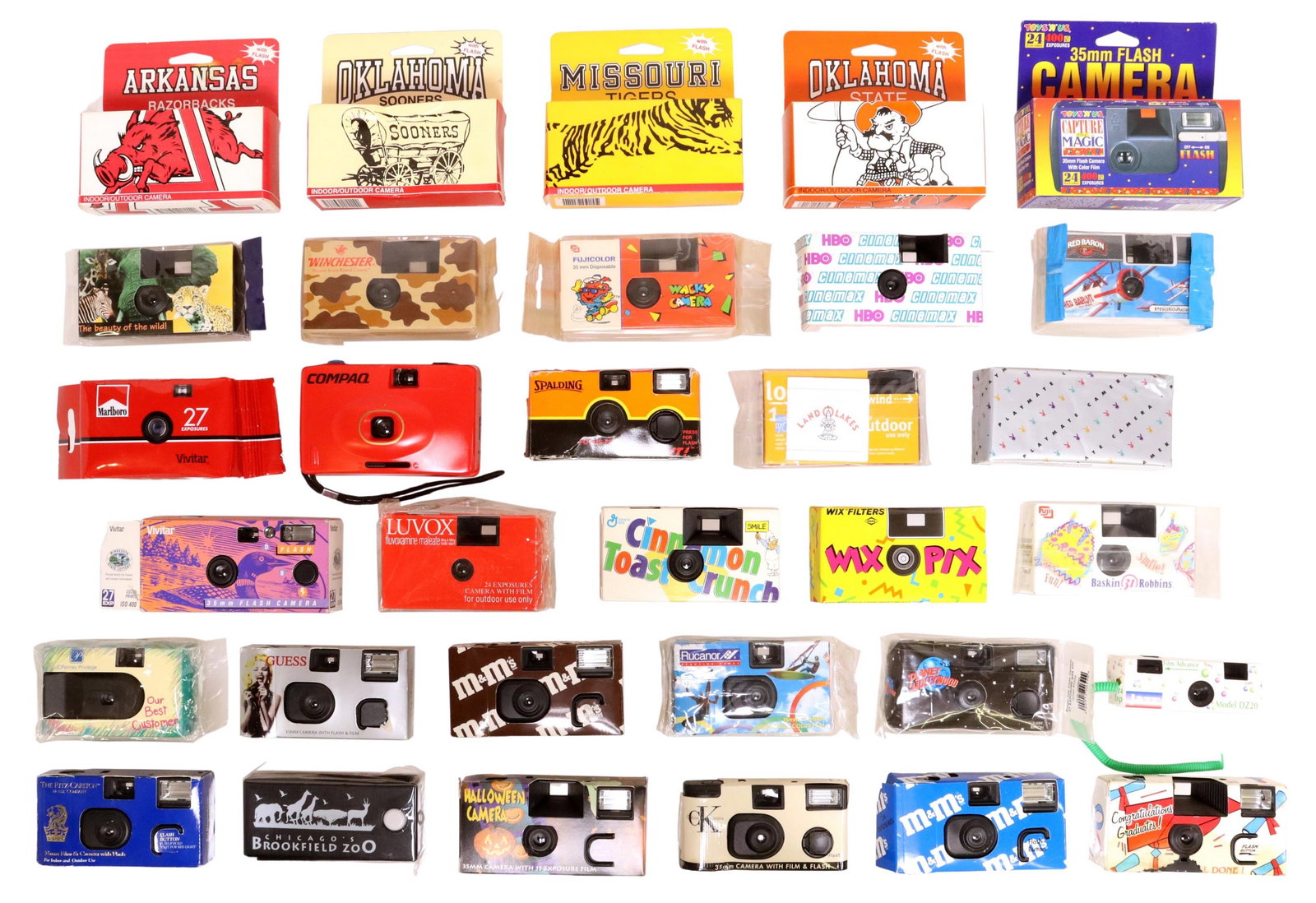 (32) NOVELTY & ADVERTISING CAMERAS: (lot of 32) ) Novelty Advertising Cameras, most in original unopened packaging: (4) Sports including Missouri Tigers, Oklahoma State, Oklahoma Sooners, Arkansas Razorbacks; (28) small advertising came