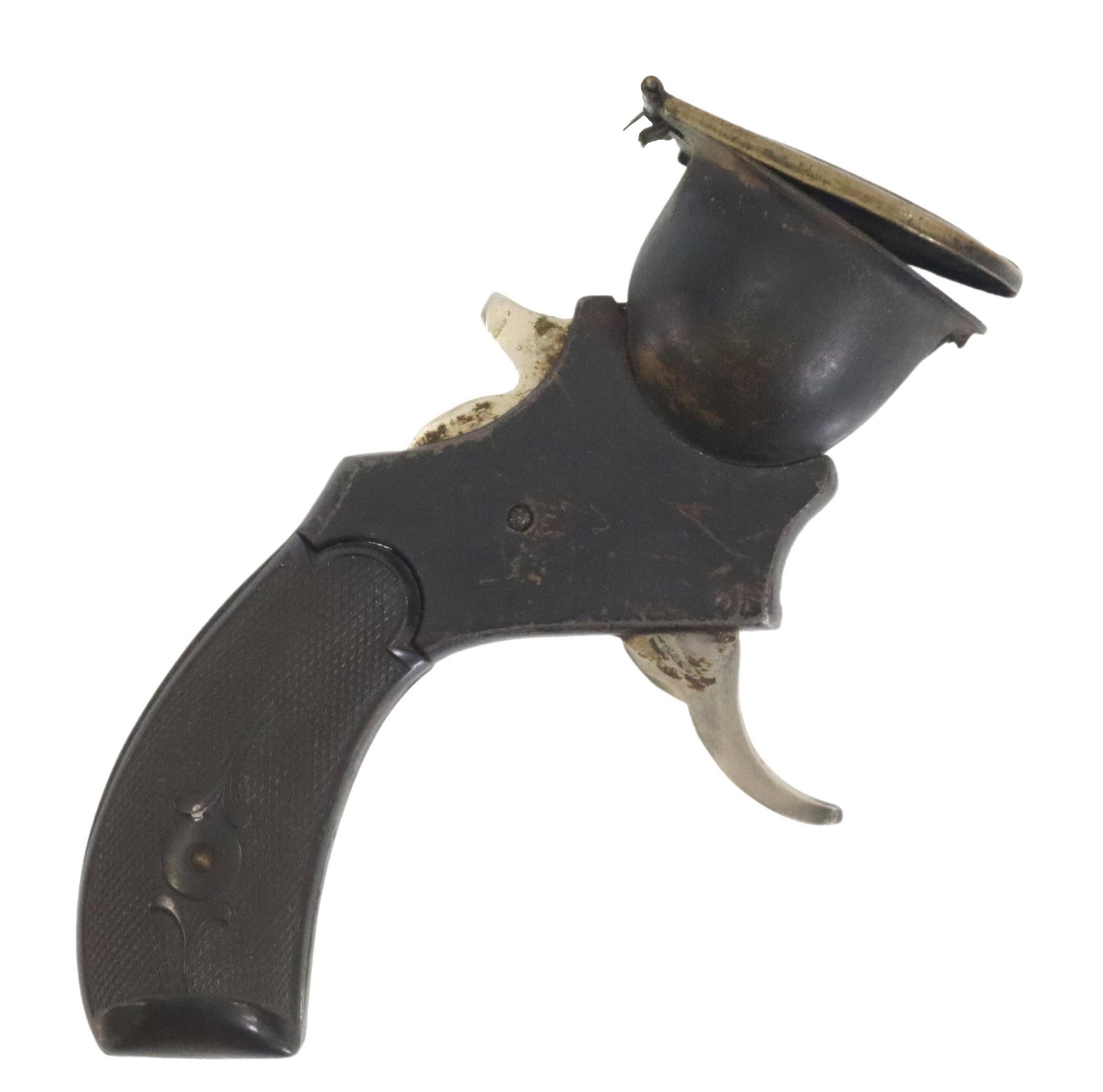 CHELSEA FLASH PISTOL: Chelsea Flash Pistol, Chelsea Mfg. Co, Chelsea, Michigan, late 19th c., having a bell shape container for magnesium powder, the trigger pull opened the "bell" lid, the hammer struck a cop and ignited 
