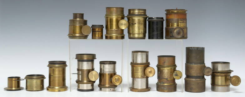 (16) VARIOUS ANTIQUE CAMERA LENS: (lot of 16) Camera lens: (1) Ajax Portrait Lens No.1, Burke & James, Chicago, rack & pinion; (1) Voigtlander & Johnson lens, sold by William Morley, 70 Upper St., London; (1) Bausch & Lomb No 2, Ediso