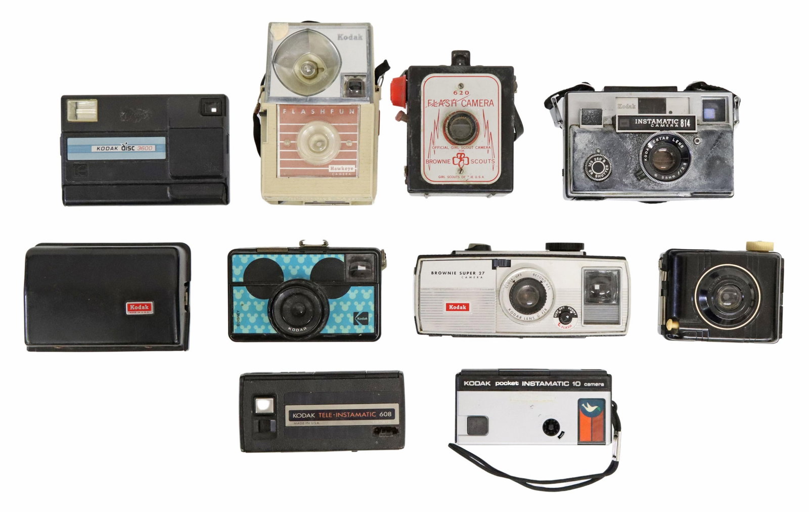 (10) KODAK CAMERAS, 20TH C.: (lot of 10) Kodak cameras: (1) Brownie Super 27; (1) Hawkeye Flash Fun; (1) Kodak Instamatic 104; (1) Kodak Instamatic 814; (1) Kodak Instamatic, Brazil, mouse ears; (1) Kodak Disc 3600; (1) Kodak Tel