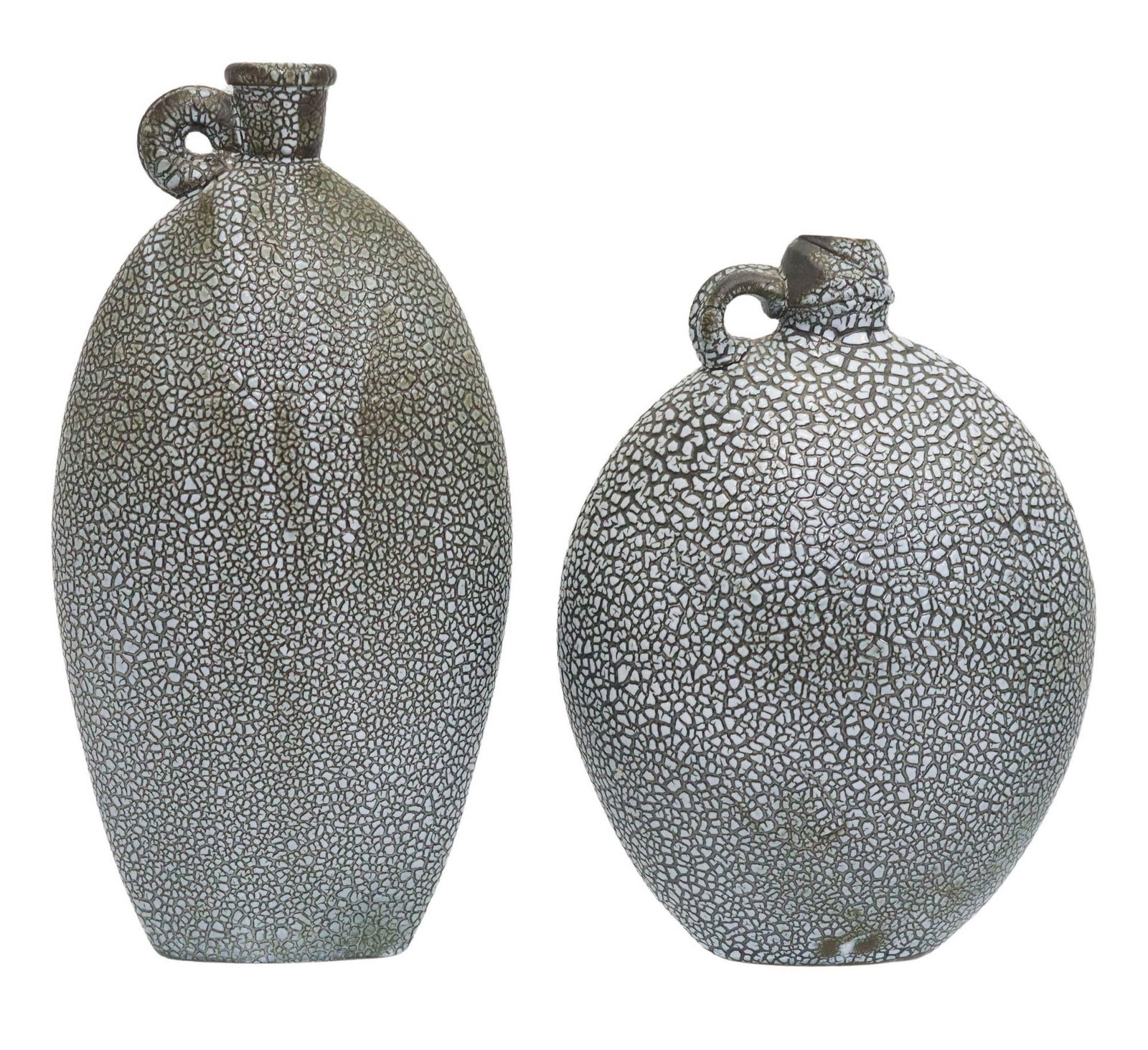 (2) MICHAEL SHERRILL (B.1954) CRACKLE GLAZED POTTERY RING-HANDLED BOTTLES (1 of 5)