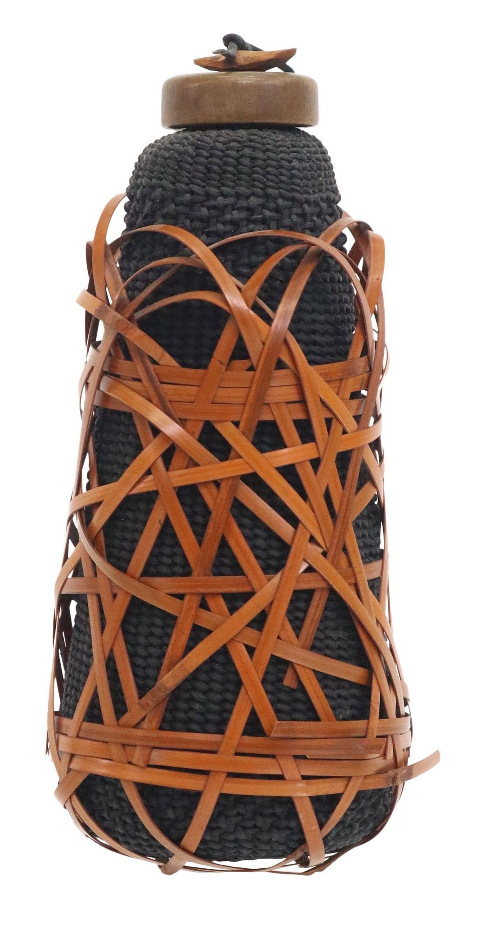 NANCY MOORE BESS (B.1943) STUDIO CRAFT BAMBOO-WRAPPED WOVEN VESSEL & COVER: Contemporary woven vessel and cover, unsigned, attributed to Nancy Moore Bess (American, b.1943), bamboo encompassing waxed cotton and linen body, attached wood cover, approx 9 5/8"h, 9.5&qu