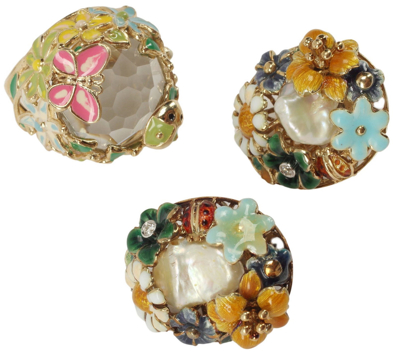 (2) ESTATE 14KT YELLOW GOLD, PEARL & ENAMEL FLORAL JEWELRY SUITE: Estate 14kt yellow gold and enamel jewelry group, each depicting flowers and insect motifs, marked 585, including: (pair) clip back earrings, with central baroque shape pearl, surrounded by small diam