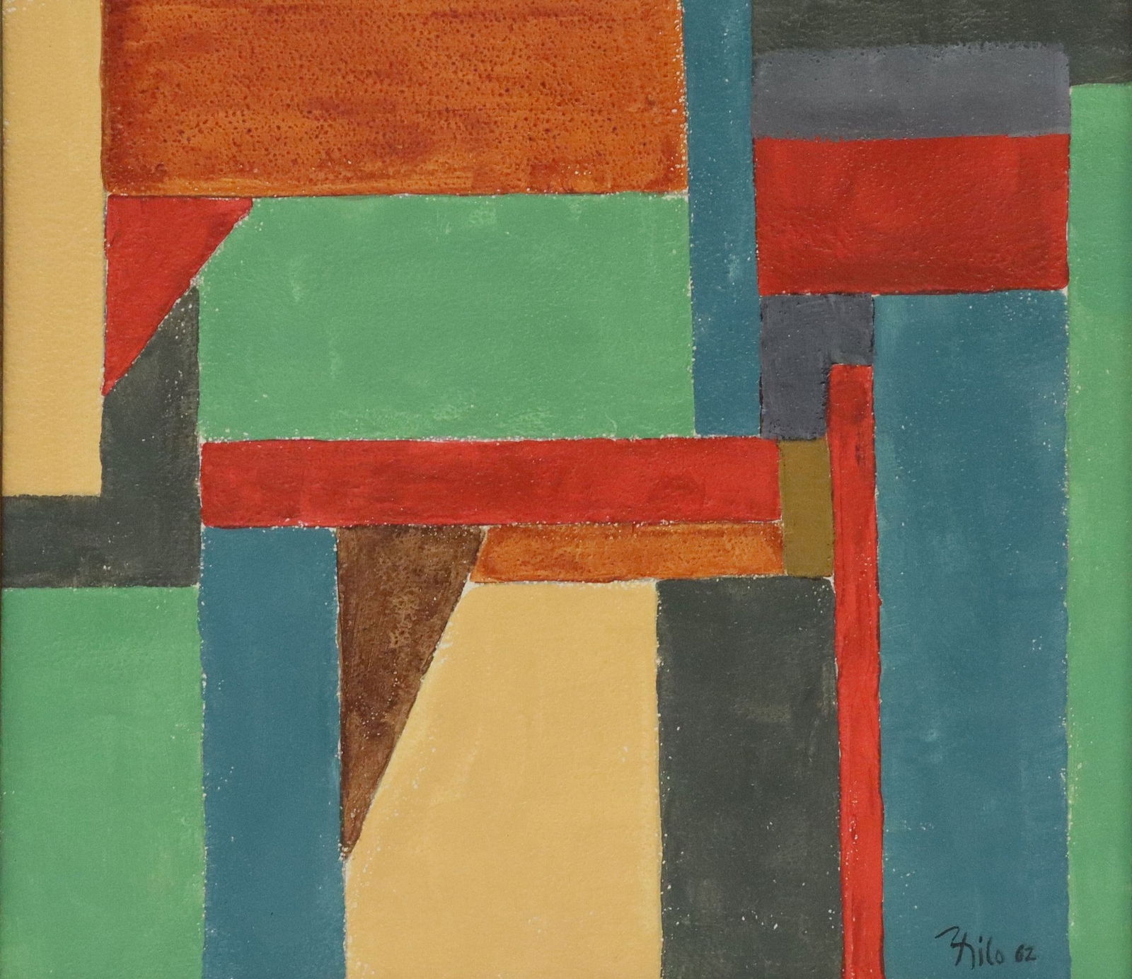 THILO MAATSCH (1900-1983) GEOMETRIC COMPOSITION, 1962: Framed gouache painting on card, Geometric Composition, signed lower right Thilo (Thilo Friedrich Maatsch, German, 1900-1983), dated [19]62, sight: approx 8 5/8"h, 9.75"w, overall: 9.5&