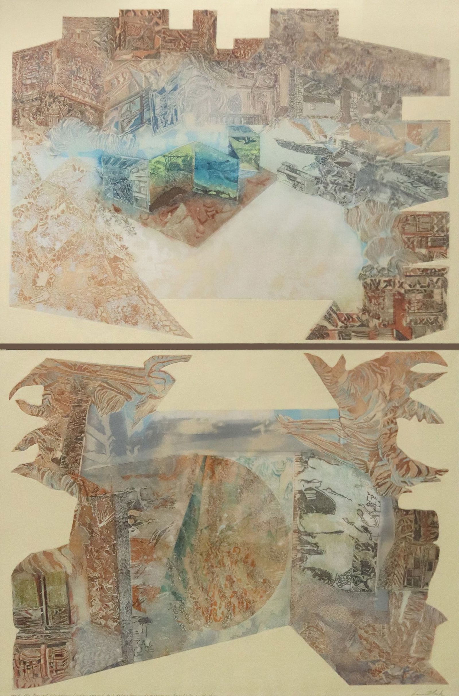 DIANE MARKS (TEXAS, 20TH C.) LARGE INTAGLIO DIPTYCH: Framed intaglio diptych, "Isn't This Tuzigoot Once Again/ Indian Pyramids Past Palms Bay Window Sands Non Fossil/ Clay Earth Days," signed lower right Diane Mark