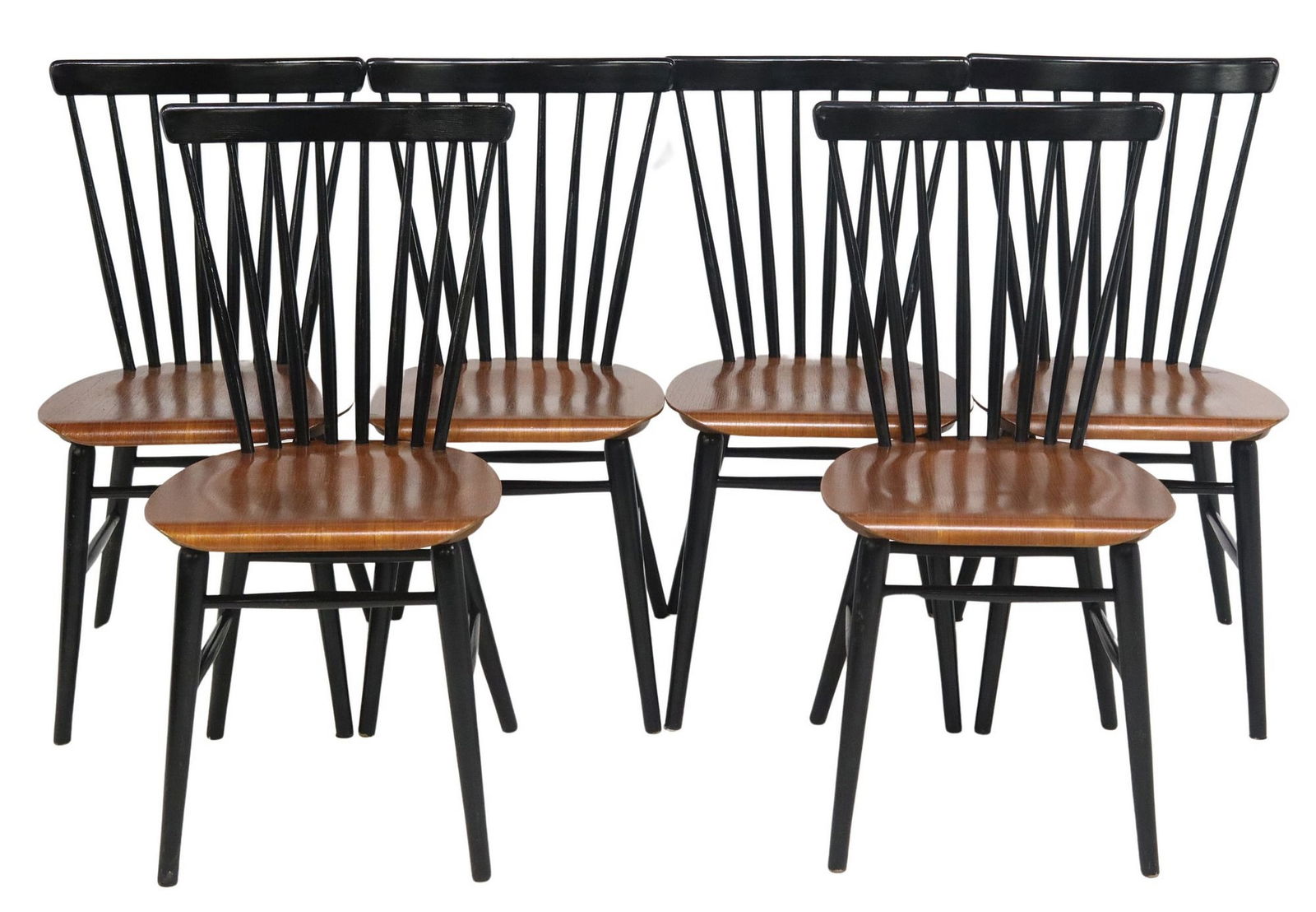 (6) MID-CENTURY MODERN PAINTED SIDE CHAIRS: (lot of 6) Mid-century modern chairs, c.1960s, in manner of Ilmari Tapiovaara, having black painted spindled-back frame, seat, over tapered legs, joined by column stretchers, appr