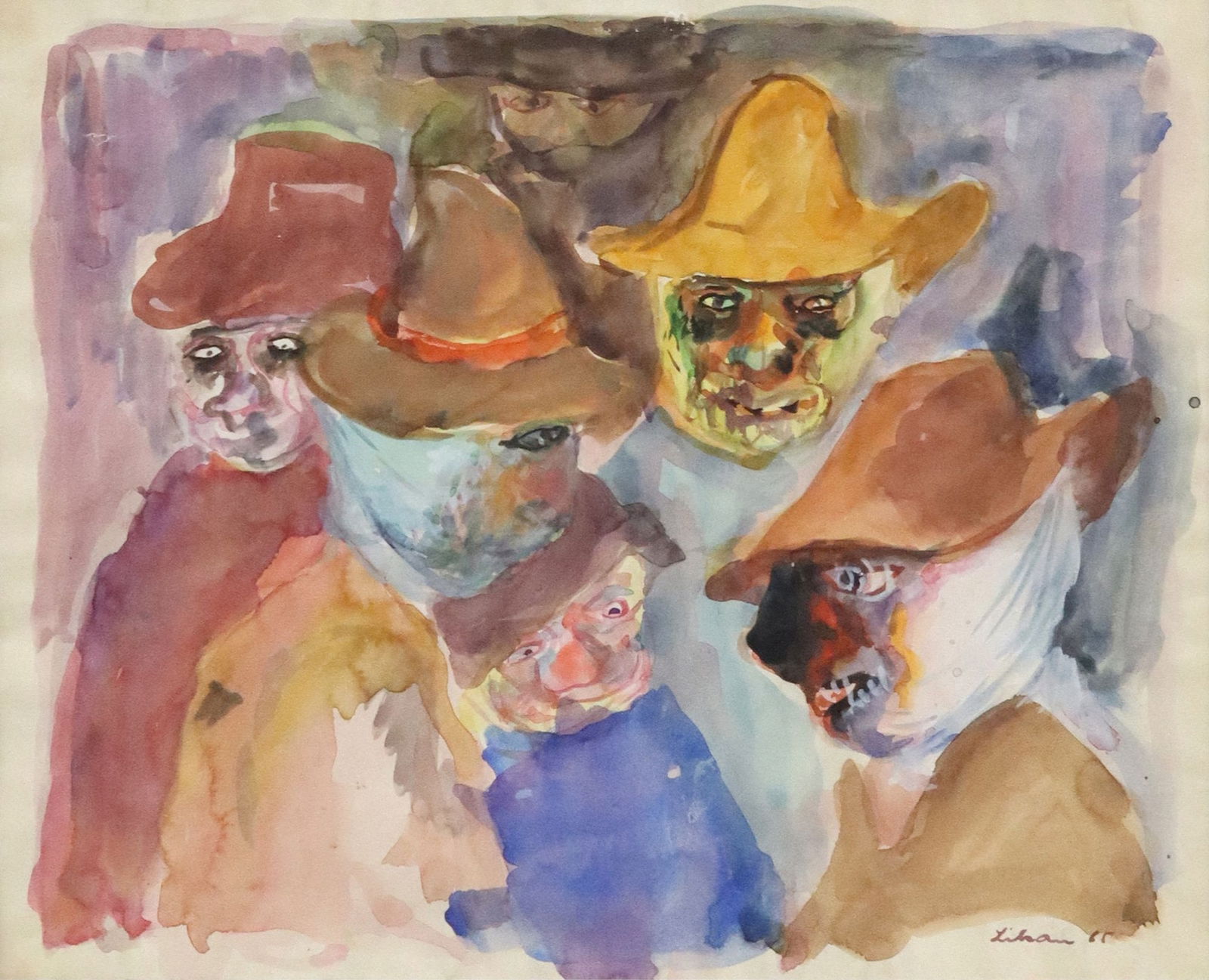 GUSTAV LIKAN (1912-1998) WATERCOLOR PAINTING FIGURES IN HATS (1 of 4)