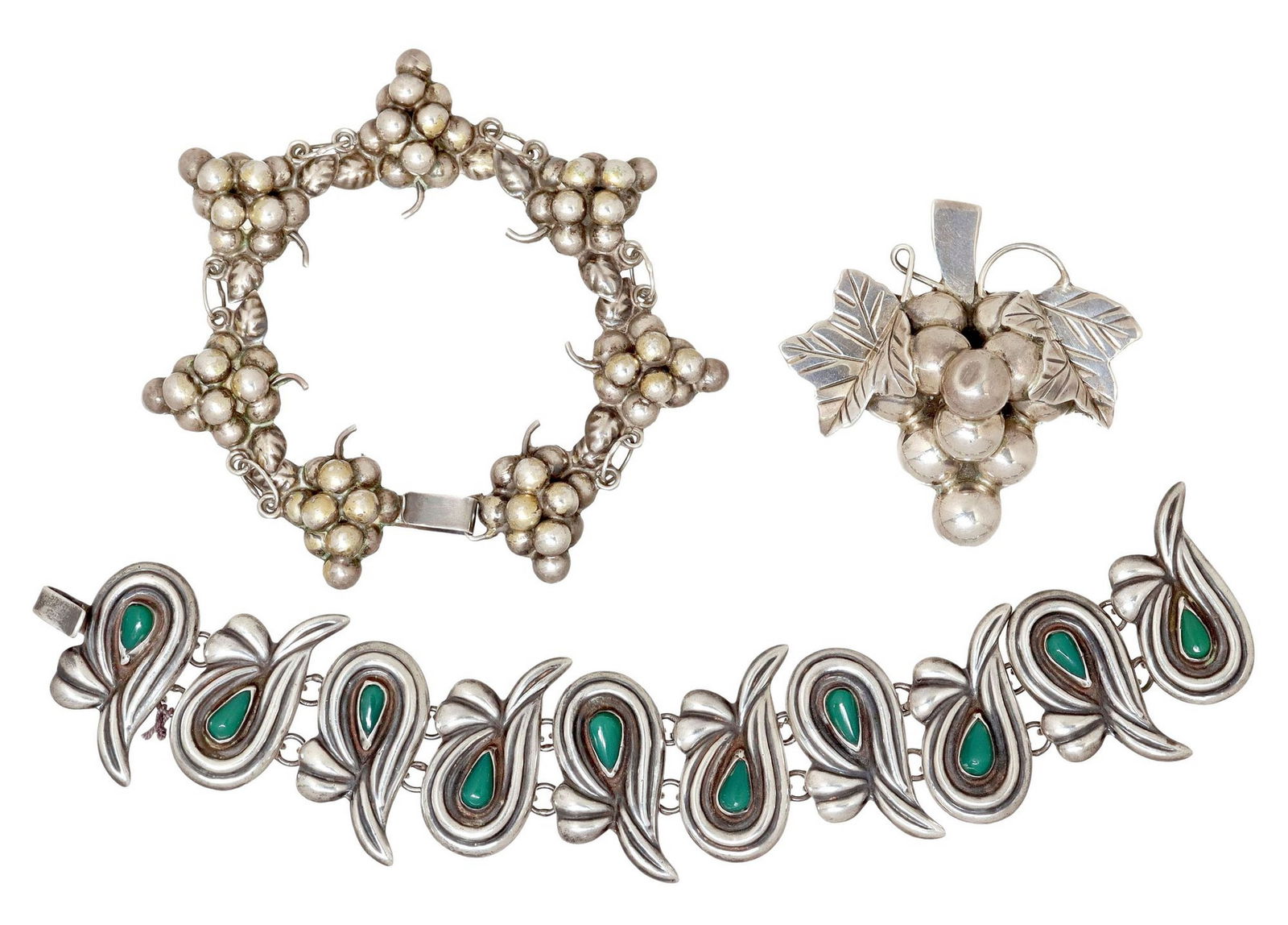 (3) STERLING & SILVER LINK BRACELETS & PENDANT BROOCH, MEXICO: (lot of 3) Hollow silver jewelry, Mexico, including: (1) sterling silver link bracelet with green cabochons, marked E.D.P. Taxco GRO., approx 7"l, (1) sterling silver grape cluster pendant brooch