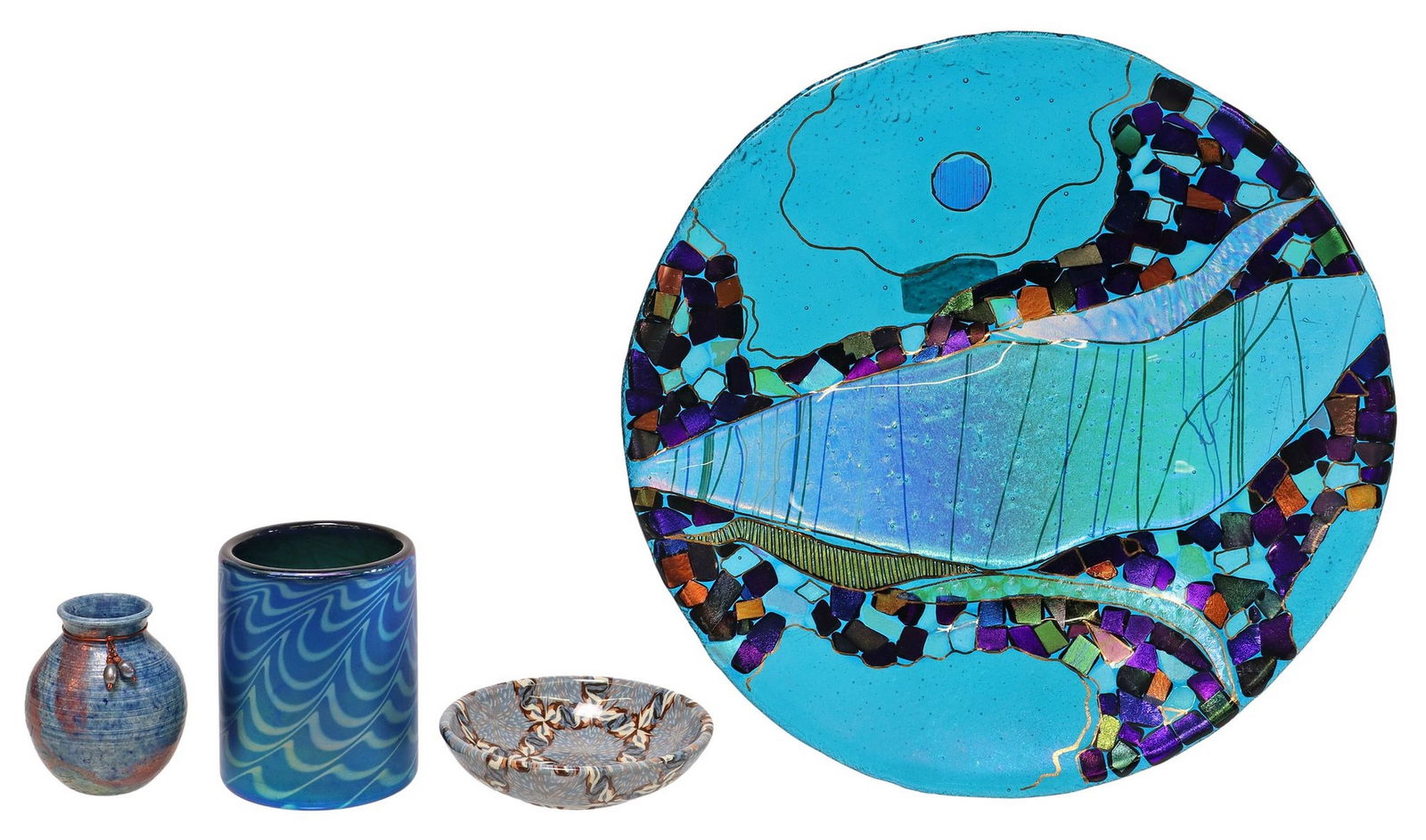 (4) CONTEMPORARY STUDIO ART GLASS & POTTERY DECORATIVE ITEMS: (lot of 4) Decorative items, including: (1) iridescent art glass cylindrical vase, signed underfoot John Cook (American, 1947-2013), dated [19]83, approx 3 3/8"h, 2.75"diam, (1) fused&n