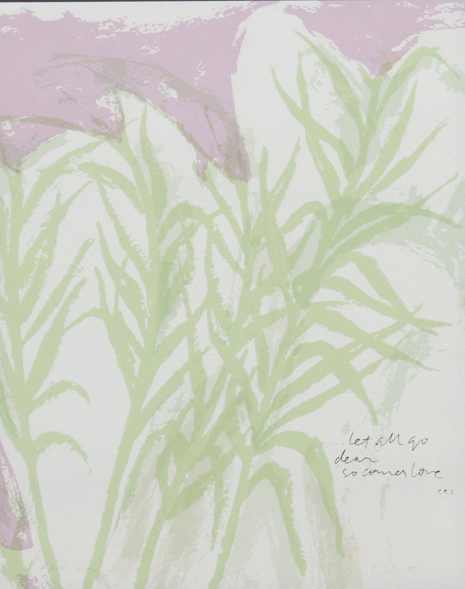 CORITA KENT (1918-1986) LITHOGRAPH 'SO COMES LOVE': Framed lithograph print on paper, "So Comes Love," pencil signed lower right Corita (Corita Kent, American, 1918-1986), numbered edition 200, sight: approx 19.75"h, 15.75"w, overal