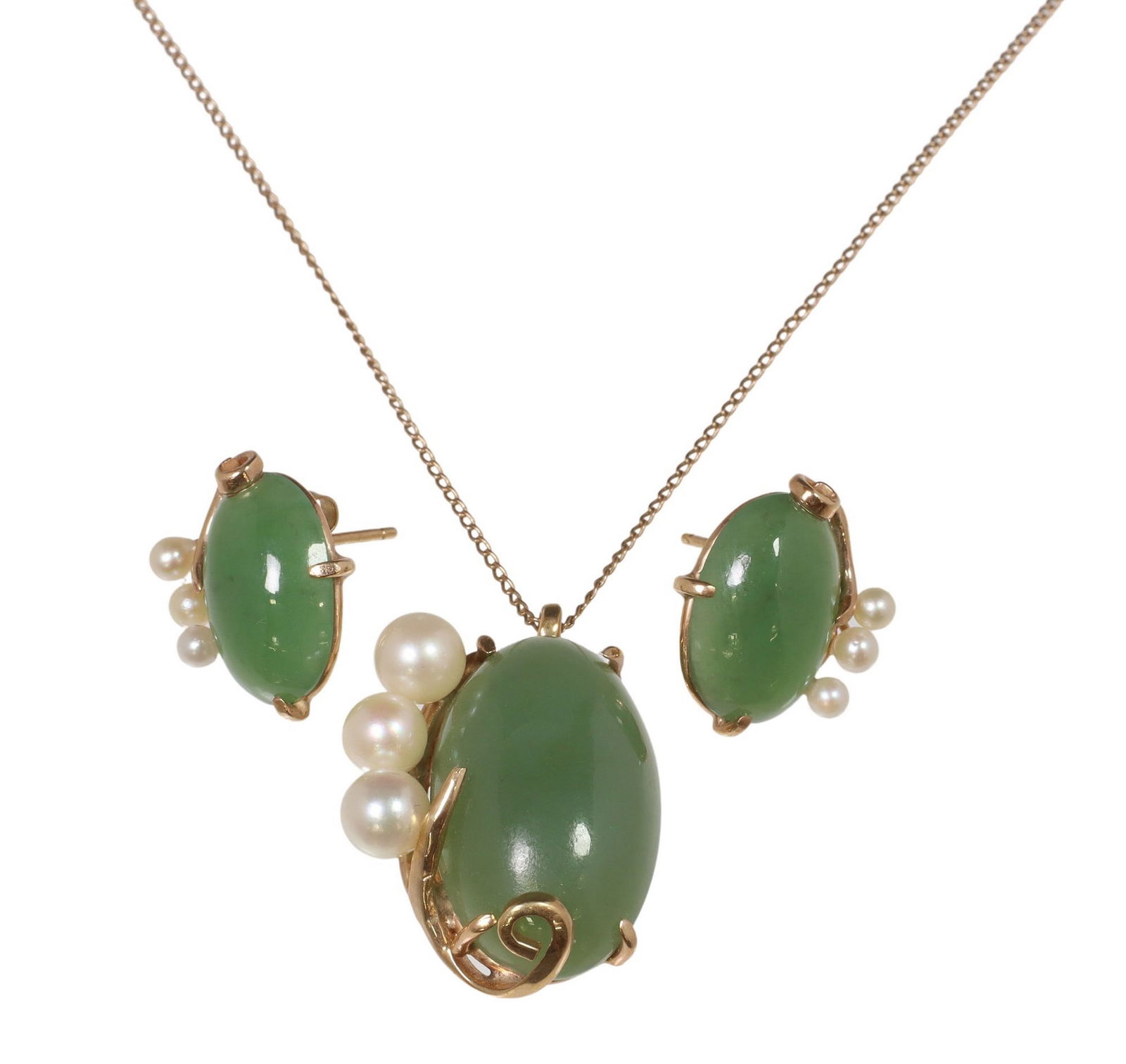(2) ESTATE 14KT GOLD CABOCHON GREEN HARDSTONE & PEARL PENDANT & EARRINGS (1 of 4)