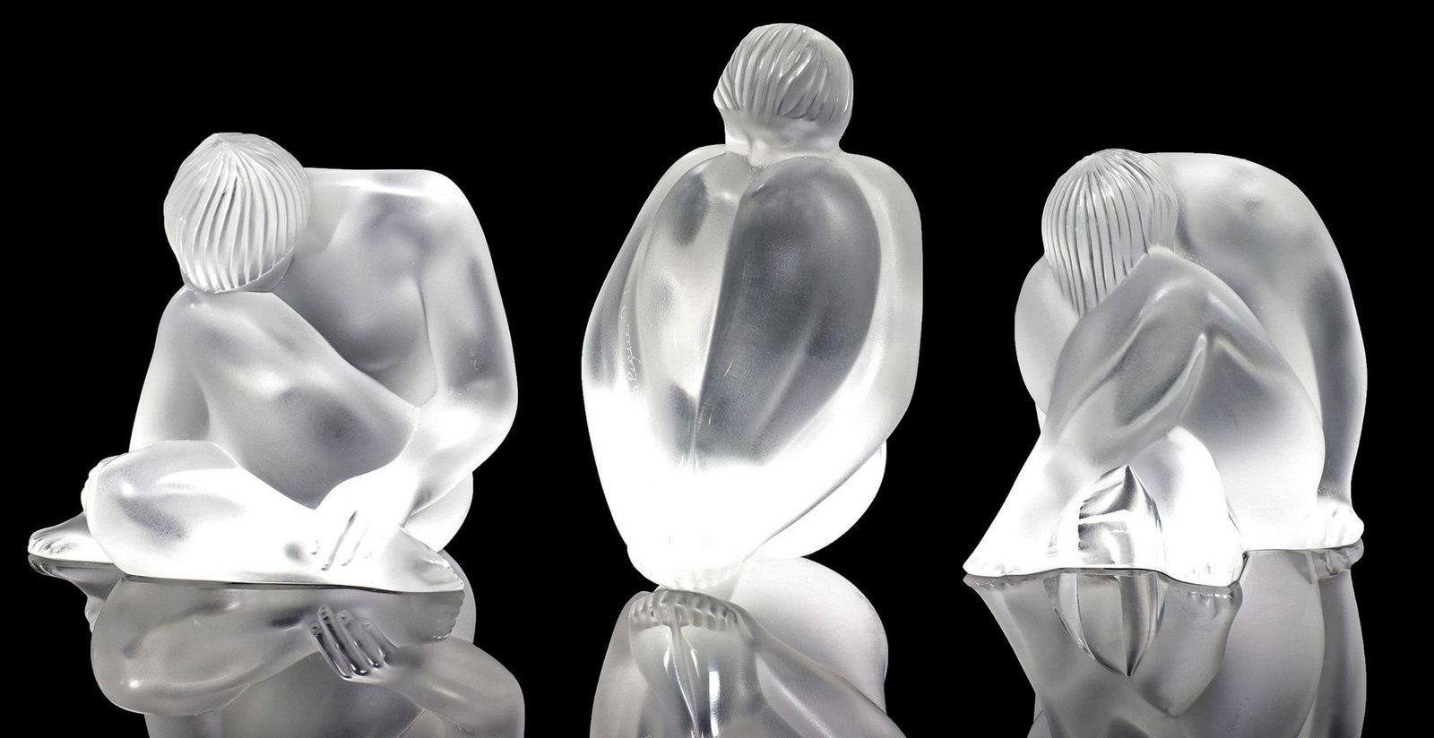 (3) LALIQUE FROSTED ART CRYSTAL MEDITATIVE NUDE FIGURES: (lot of 3) Lalique frosted art crystal figures, seated nudes in various meditative poses, including (1) "Nu Reve" resting, (1) "Nu Asis", sitting, (1) "Nu Reve", dream, a