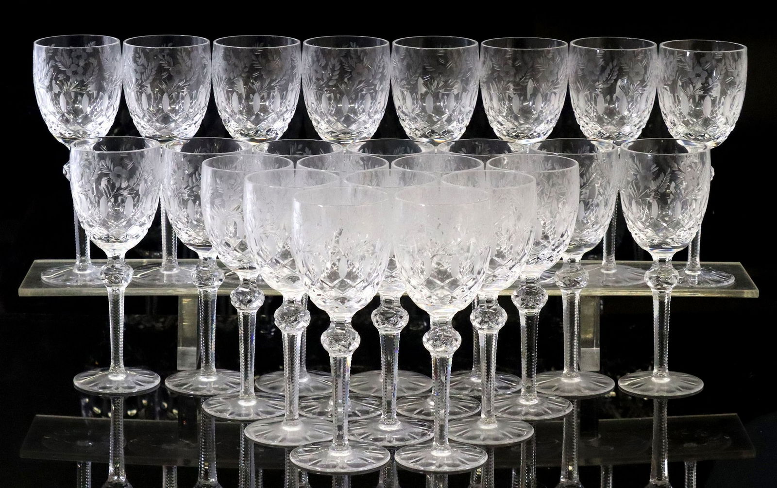 (24) CRYSTAL CLEAR INDUSTRIES 'CELINE' CORDIAL GLASSES: (lot of 24) Crystal Clear Industries cut crystal cordial glasses, in the "Celine" pattern, floral trim over vertical cuts and crisscross pattern, knopped stem, on round foot, approx 5 7
