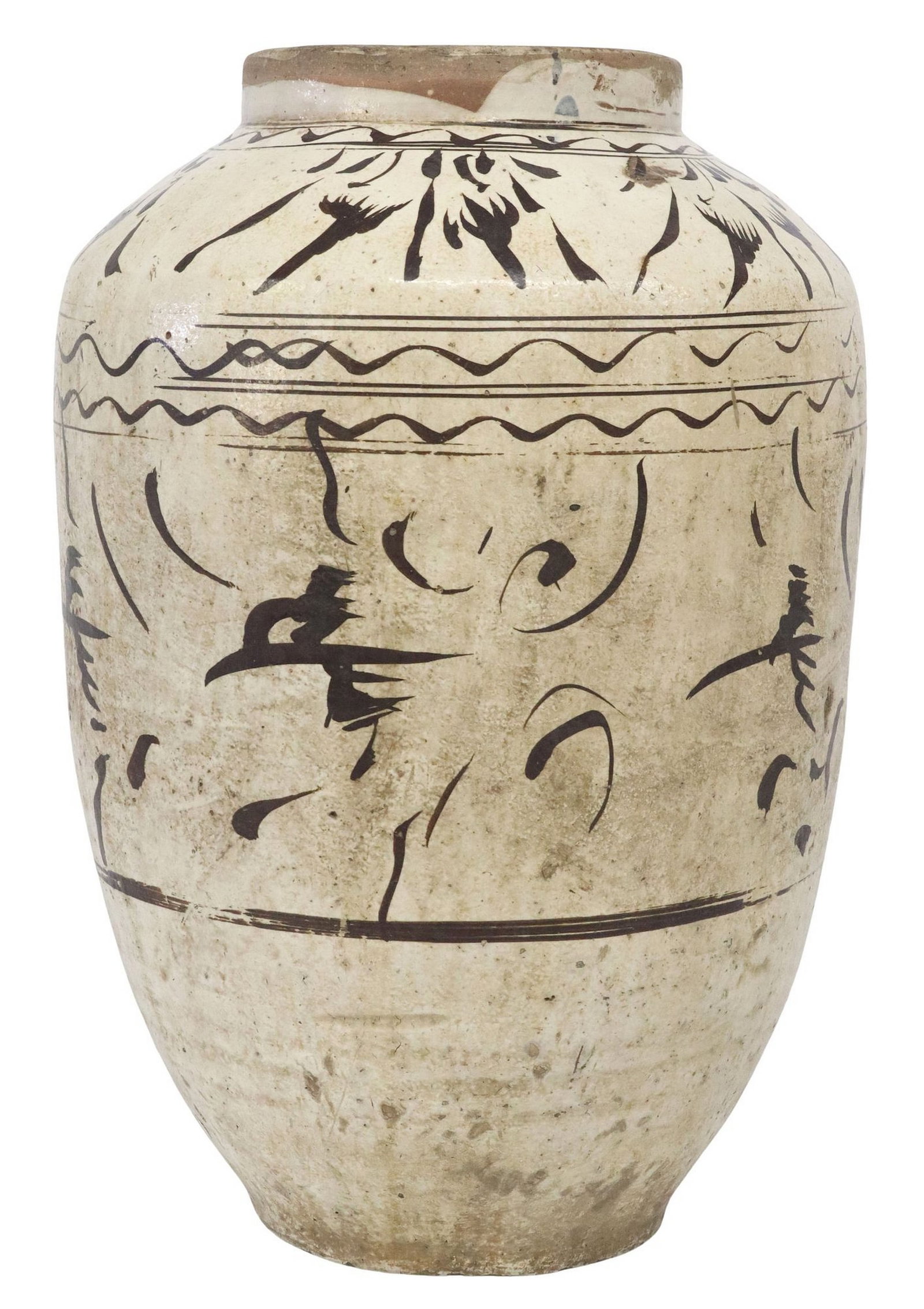LARGE CHINESE CIZHOU STYLE WINE JAR: Large Chinese Cizhou style wine jar, having narrow cylindrical neck, cream ground with dark brown paint of scrolled designs, over tapered body, approx 25 5/8"h, 17.19"diam, 42lbs