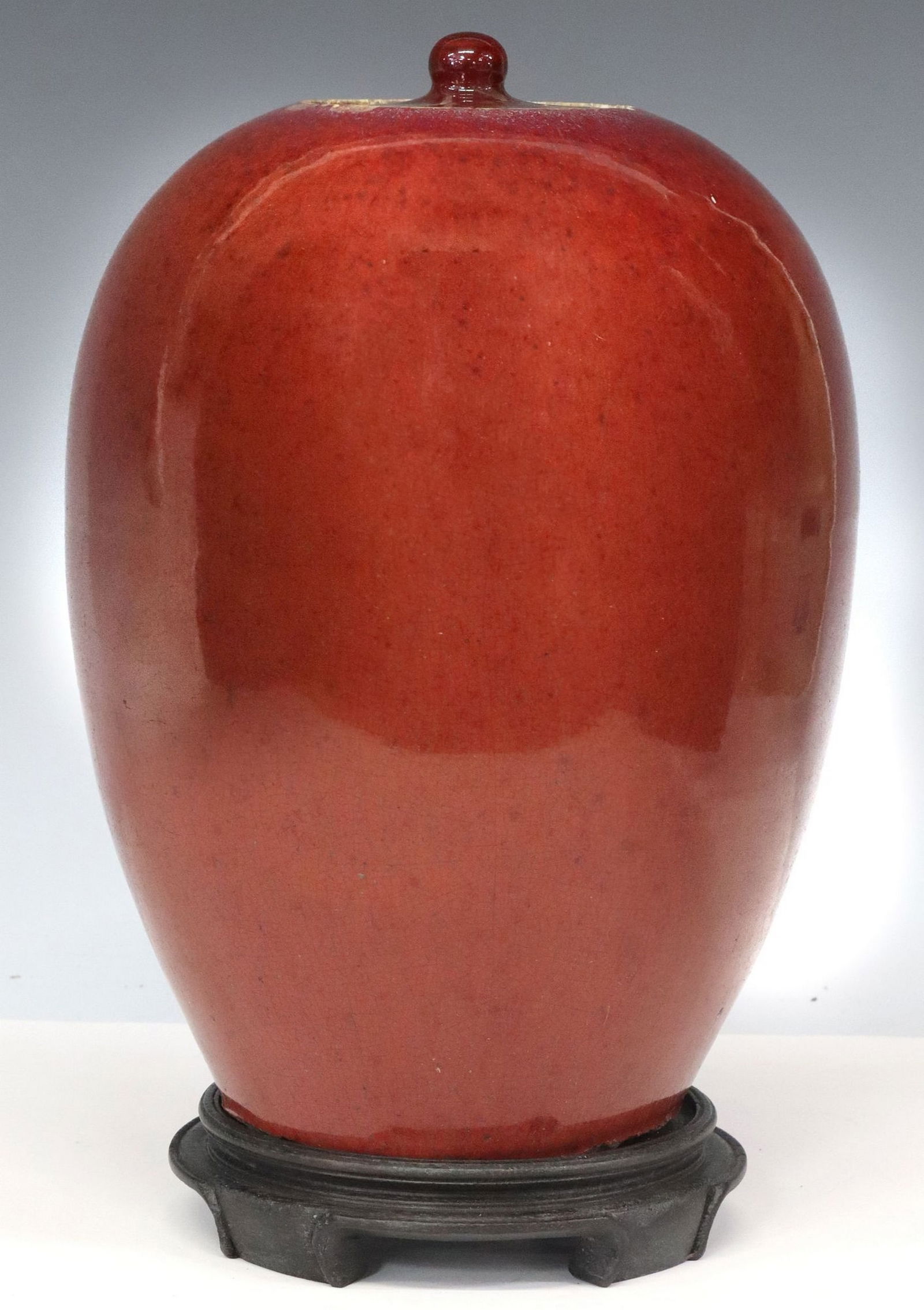 CHINESE OXBLOOD PORCELAIN LIDDED JAR ON STAND (1 of 4)