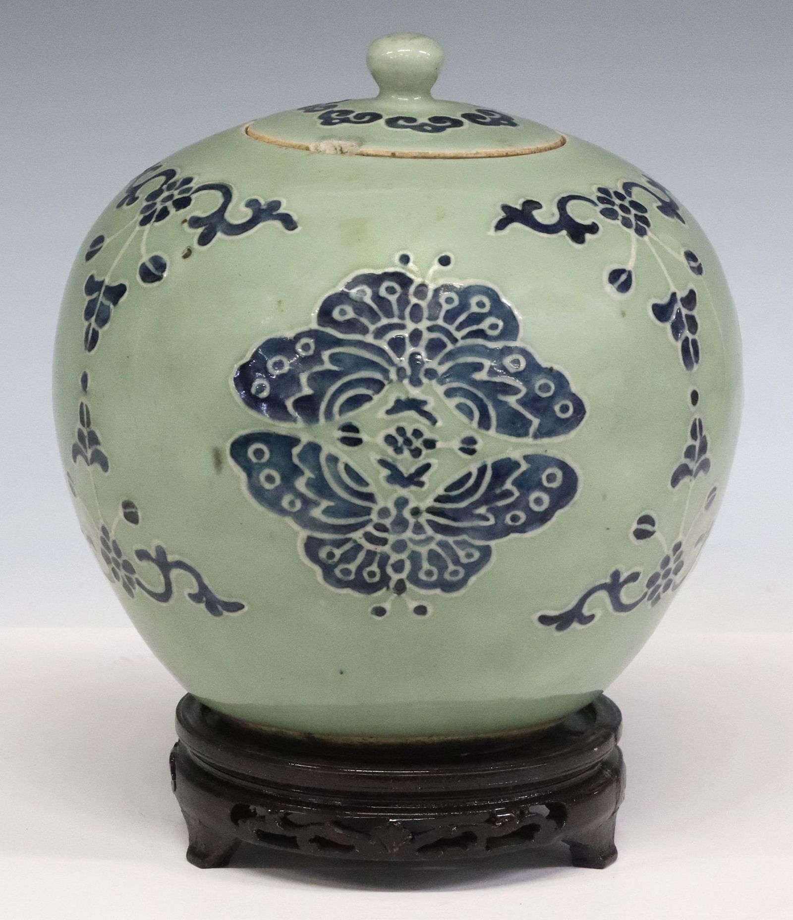 CHINESE BLUE & CELADON PORCELAIN LIDDED MELON JAR (1 of 5)
