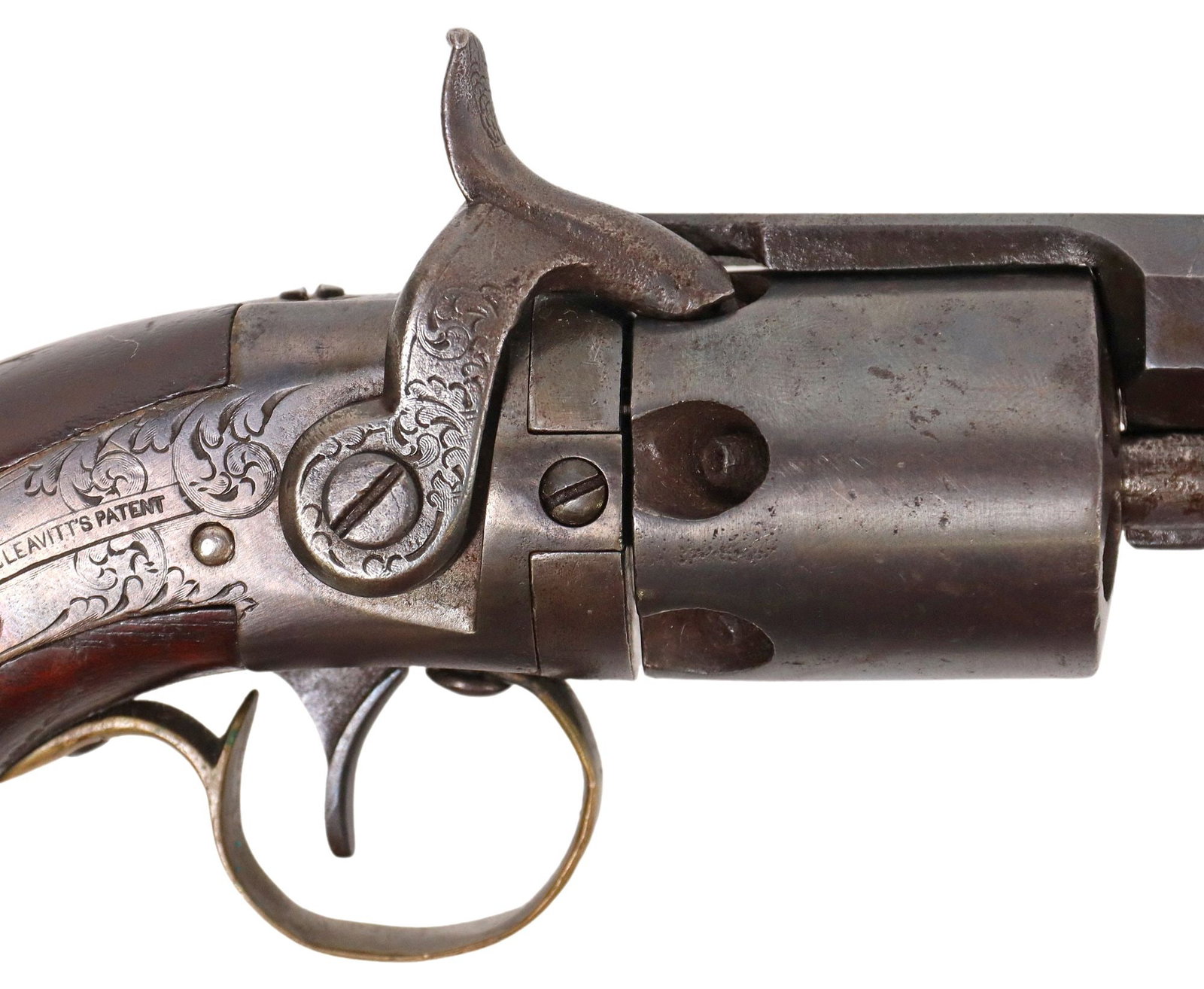 MASS. ARMS WESSON & LEAVITT BELT REVOLVER: Massachusetts Arms Co. Percussion Pocket / Belt Revolver, .31 caliber, 6" round barrel, the top strap marked "Mass. Arms Co., Chicopee Falls" the six round cylinder marked "Le