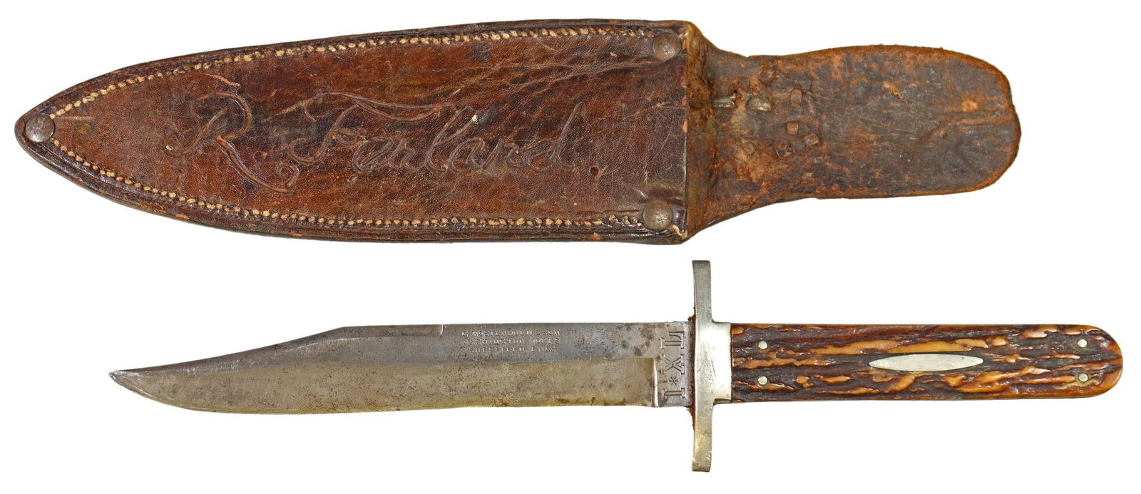 WOSTENHOLM I*XL BOWIE KNIFE:  Fixed blade knife, 19th c., the 6" drop point blade marked at left below the spine "G. Wostenholm & Son, Washington Works, Sheffield, Eng." and "I*XL" at the ricasso