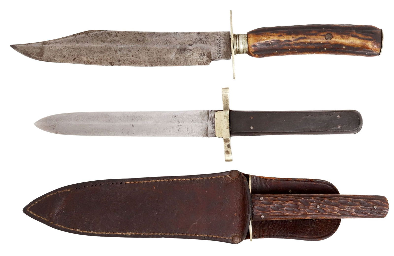 (3) DICKINSON SHEFFIELD KNIVES, 2 BOWIE: (lot of 3) Fixed blade knives by E.M. Dickinson, Sheffield (Edwin Murray Dickinson, 1849-1929), makers mark at the ricasso, the opposite ricasso marked "The Invicta" and "England&q