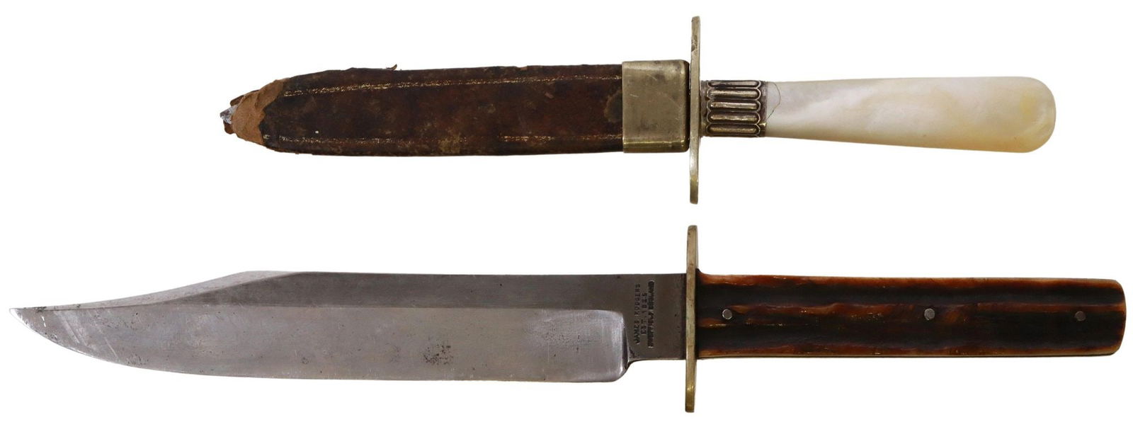 (2) JAMES RODGERS BOWIE KNIFE, ALLEN BOOT KNIFE: (lot of 2) Sheffield knives: (1) James Rodgers Bowie knife, the 6.5" clip point blade marked at the ricasso "James Rodgers, Est. 1825, Sheffield England", marked at the opposite ricasso