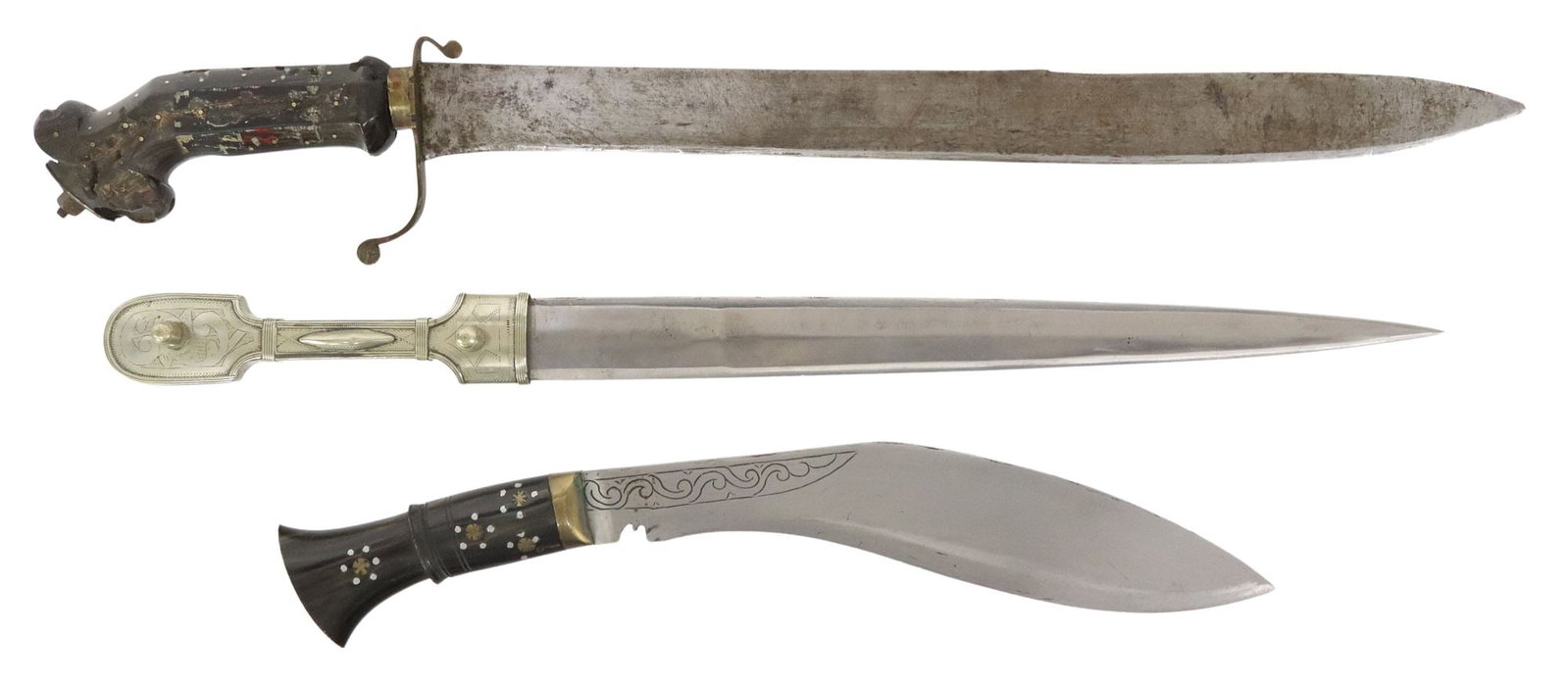 (3) VINTAGE KNIVES: (lot of 3) Vintage Knives: (1) Vintage knife with 17.25" clip point blade, a "S" form guard with one end bent toward the ricasso, the shape handle, believed to be horn, has n