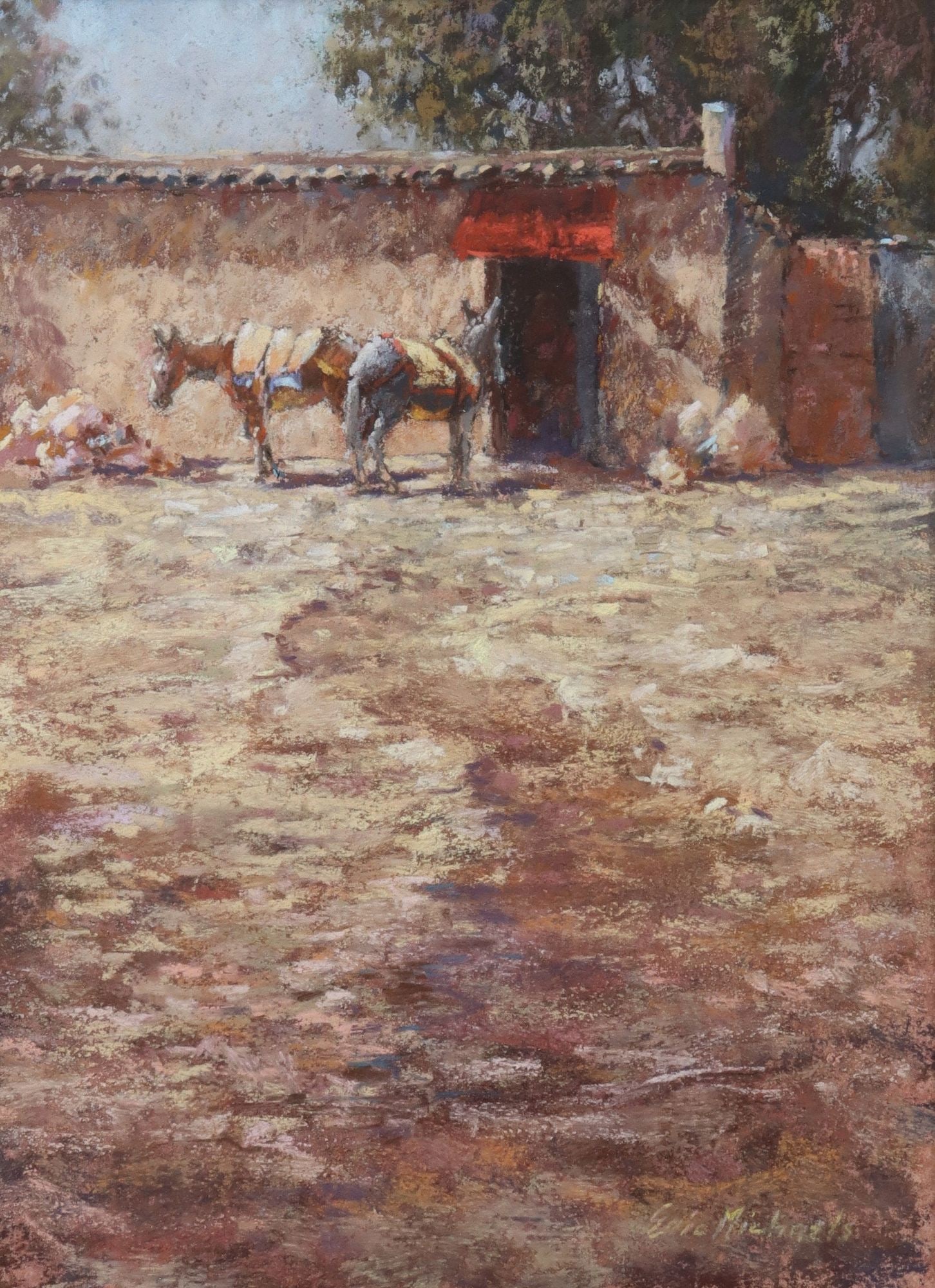 ERIC MICHAELS (AMERICAN, B.1949) OIL PASTEL DRAWING, 'PATIENTLY WAITING': Framed oil pastel drawing on paper, "Patiently Waiting," signed lower right Eric Michaels (Colorado/ New Mexico/ Illinois, b.1949), titled with additional signature verso, sight: approx 15&q