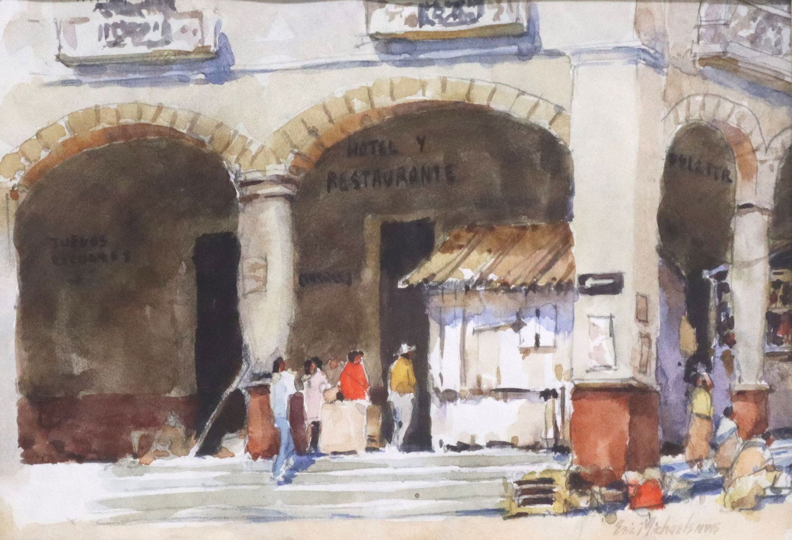 ERIC MICHAELS (AMERICAN, B.1949) WATERCOLOR PAINTING, 'LA PLAZA CHICA': Framed watercolor on paper painting, "La Plaza Chica," signed lower right Eric Michaels NWS (Colorado/ New Mexico/ Illinois, b.1949), titled with additional signature verso, sight: approx 5.