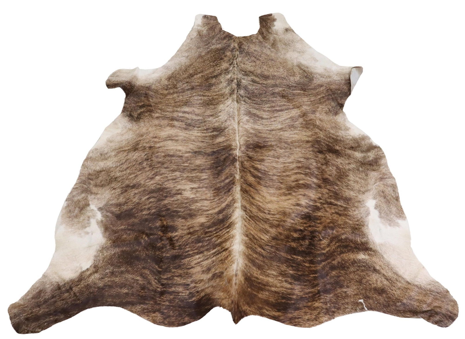BROWN & WHITE COWHIDE, ARGENTINA, 80" X 74.5": Argentinian brindle cowhide, brown and white striped, with cattle brand, approx 80"l, 74.5"w 