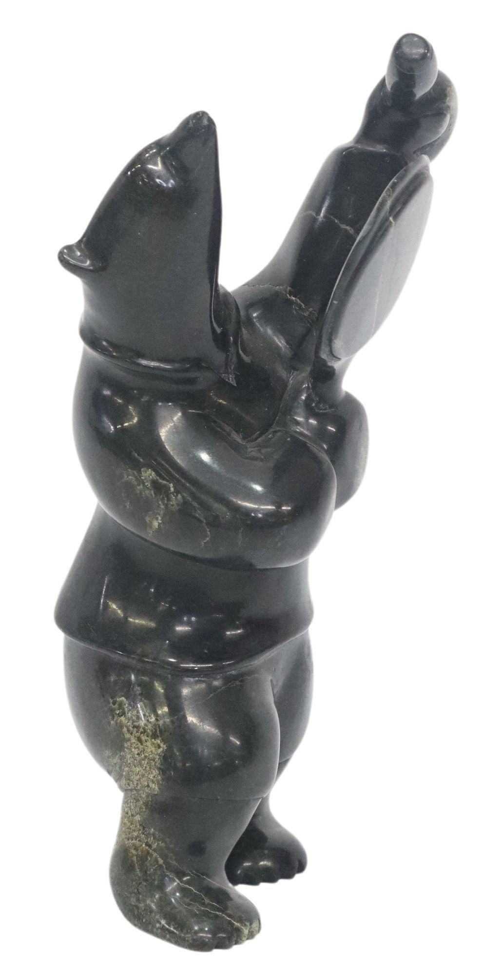 SIGNED INUIT CARVED STONE SCULPTURE, BEAR WITH DRUM: Inuit carved hardstone sculpture, Bear with Drum, signed Nkin? underfoot, retaining adhesive Inuit Art of Canada label, approx 9.75"h, 4.5"w, 3.25"d, 4.25lbs 