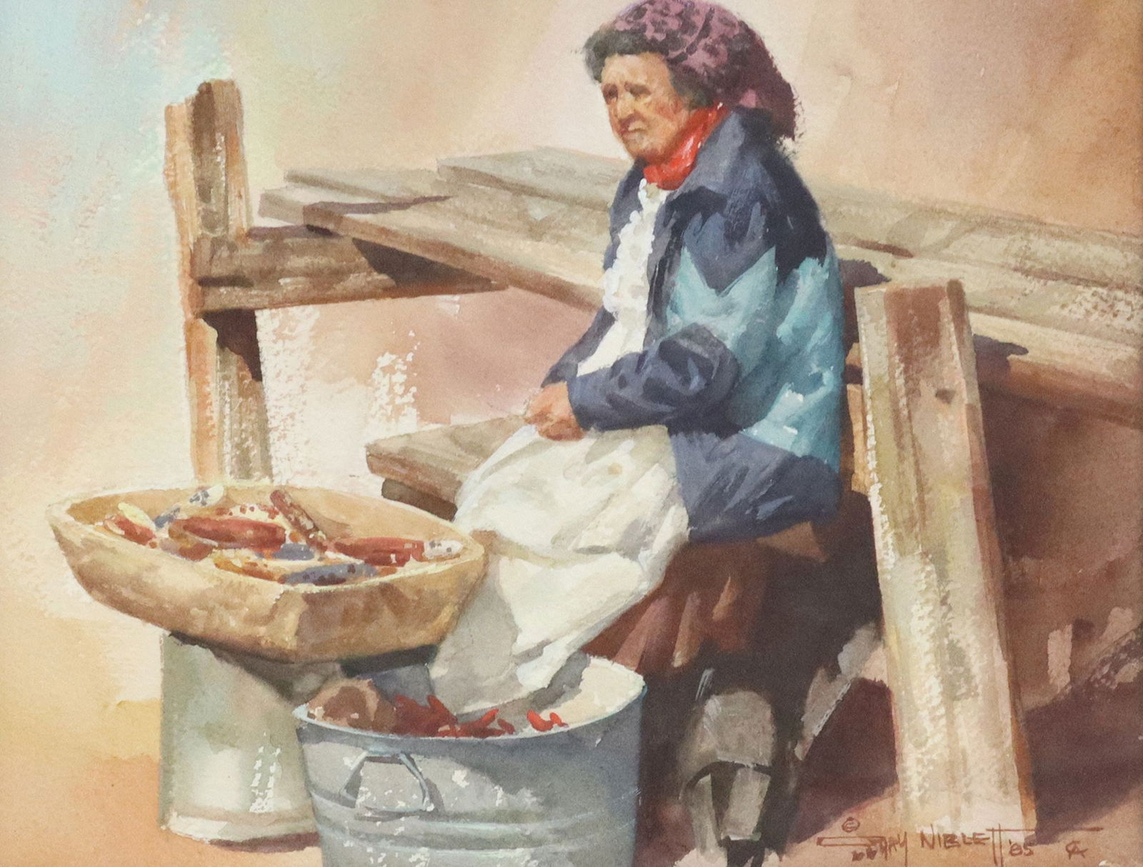 GARY NIBLETT (B.1943) WESTERN WATERCOLOR 'INDIAN CORN': Framed watercolor painting on paper, "Indian Corn," signed lower right Gary Niblett CA (Gary Lawrence Niblett, New Mexico, California, b.1943), dated [19]85, titled verso, label verso for Ge