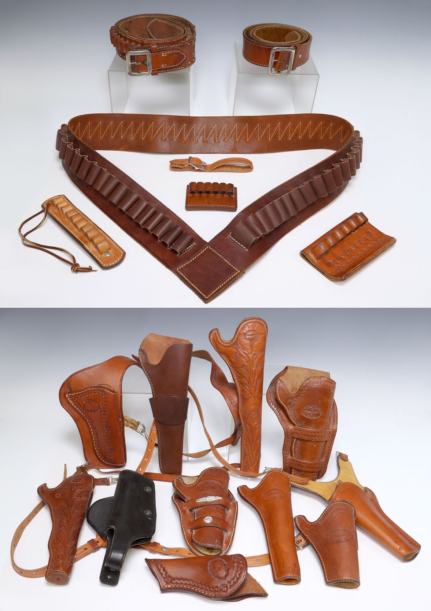 (17) HOLSTERS & CARTRIDGE BELTS: (lot of 17) Holsters & Cartridge Belts: (1) holster by "Cactus Jack", Fredericksburg, Tx.; (1) shoulder holster by San Pedro Saddlery, Tombstone; (2) one foliate tooled marked