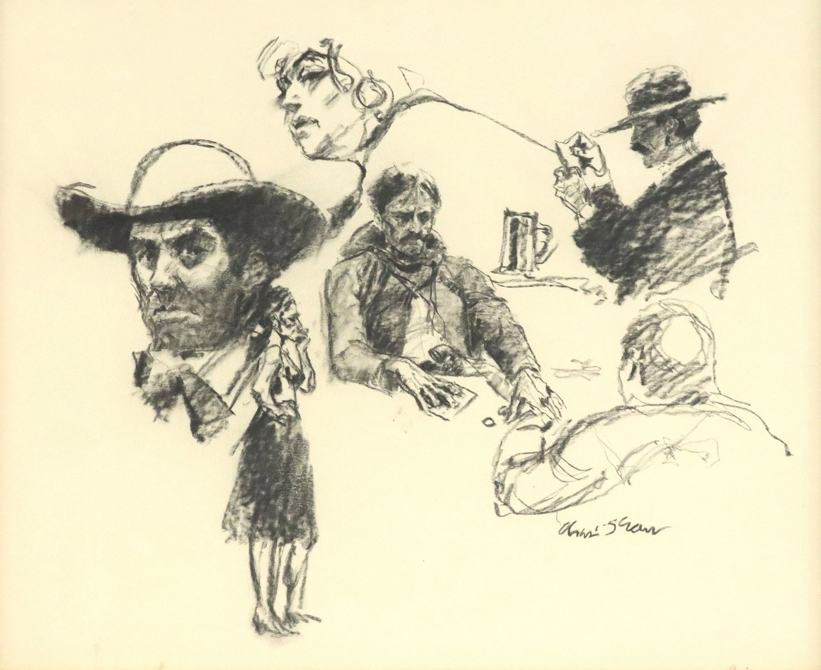 CHARLES WILLIAM SHAW (TEXAS, 1941-2005) CHARCOAL DRAWING OUTLAWS & GAMBLERS: Framed charcoal drawings on paper, "Outlaws & Gamblers," signed lower right Charles William Shaw (Texas, 1941-2005), sight: approx 21.25"h, 25.5"w, overall: 25"h,&nbs