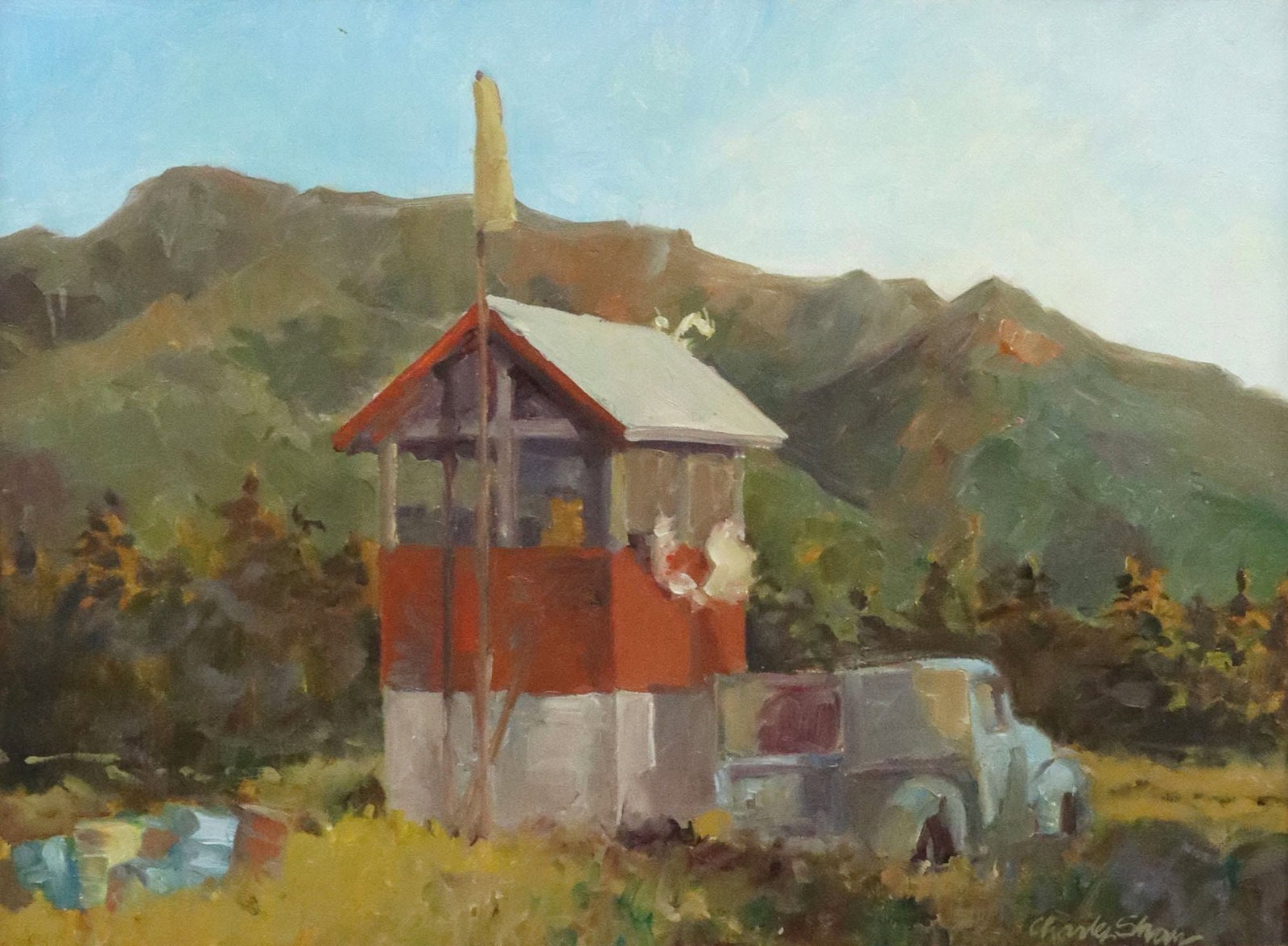 CHARLES SHAW (1941-2005) OIL ON CANVAS WISEMAN AIRFIELD, ALASKA: Framed oil on canvas painting, "Wiseman Airfield, Wiseman, Alaska, North of the Arctic Circle," signed lower right Charles Shaw (Charles William Shaw, Texas, 1941-2005), titled verso, sight:
