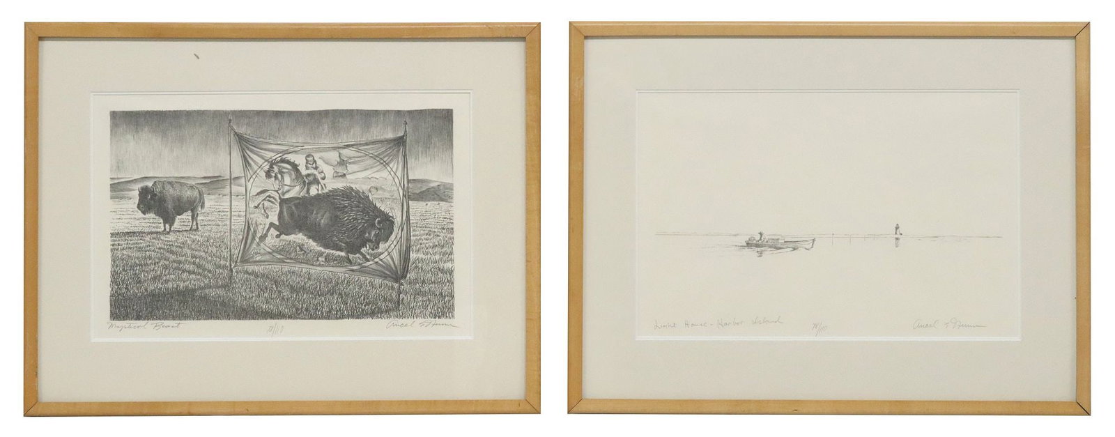 (2) ANCEL E. NUNN (TEXAS, 1928-1999) LITHOGRAPHS LIGHTHOUSE & BISON: (lot of 2) Framed lithographs on paper, signed lower right Ancel E. Nunn (Ancel Edward Nunn, American, 1928-1999), including: (1) "Light House - Harbor Island," numbered 78/ 110, (1) &q
