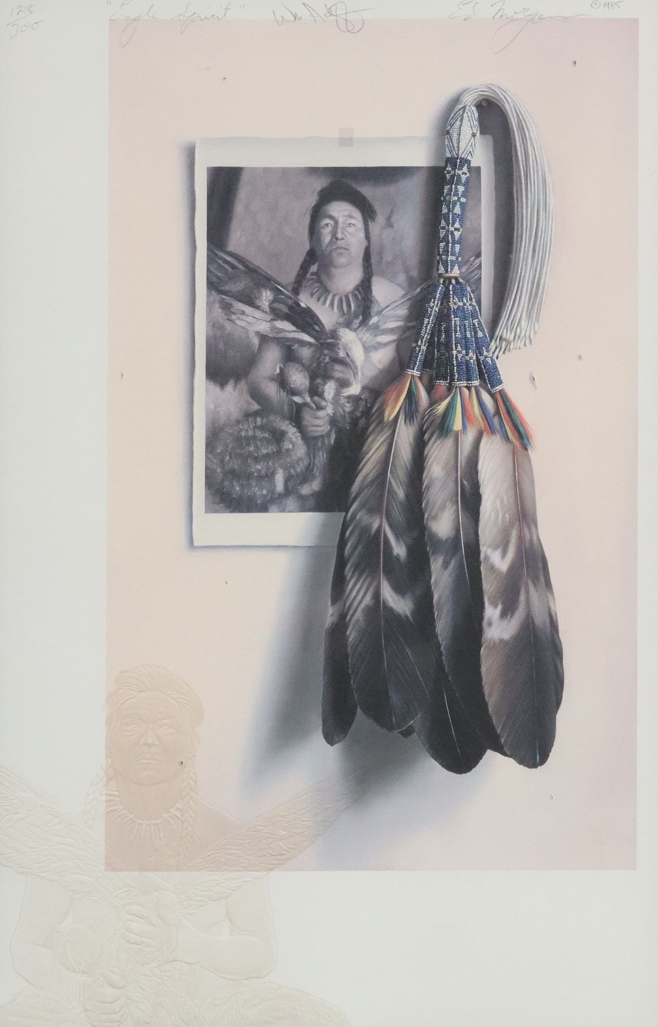 ED MORGAN & WILLIAM ACHEFF COLLABORATIVE SOUTHWEST PRINT: Framed blind embossed engraving and offset print on paper, "Eagle Spirit," double signed in upper margin William Acheff (New Mexico, California, Alaska, b.1947), Ed