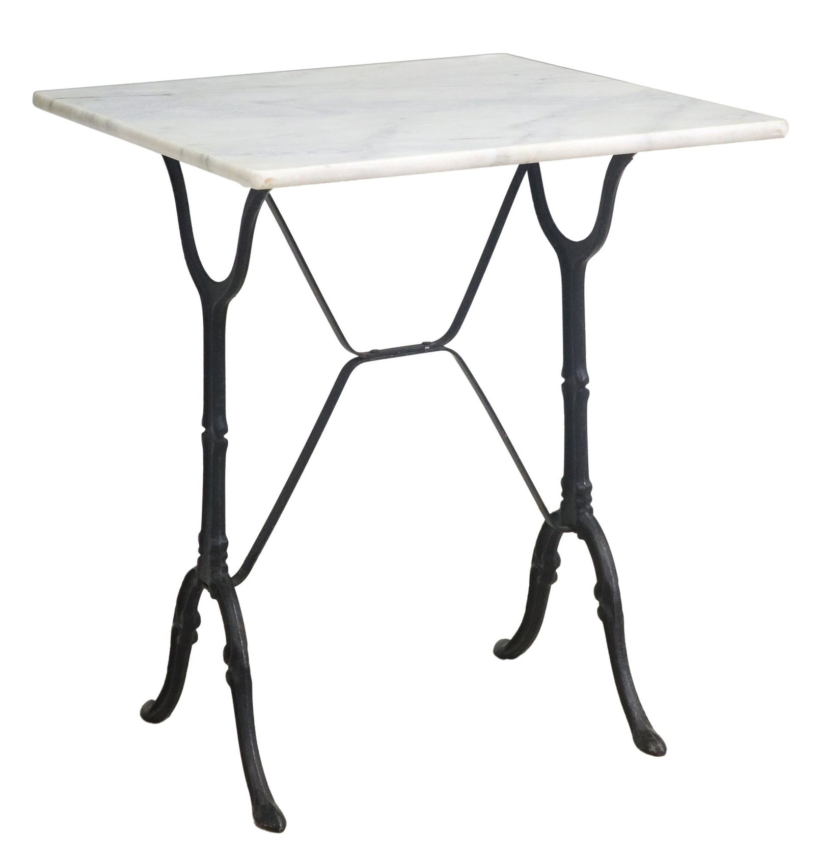 FRENCH MARBLE & CAST IRON BISTRO TABLE: French marble-top bistro table, 20th c., on cast iron base, approx 28"h, 23.75"w, 23.75"d