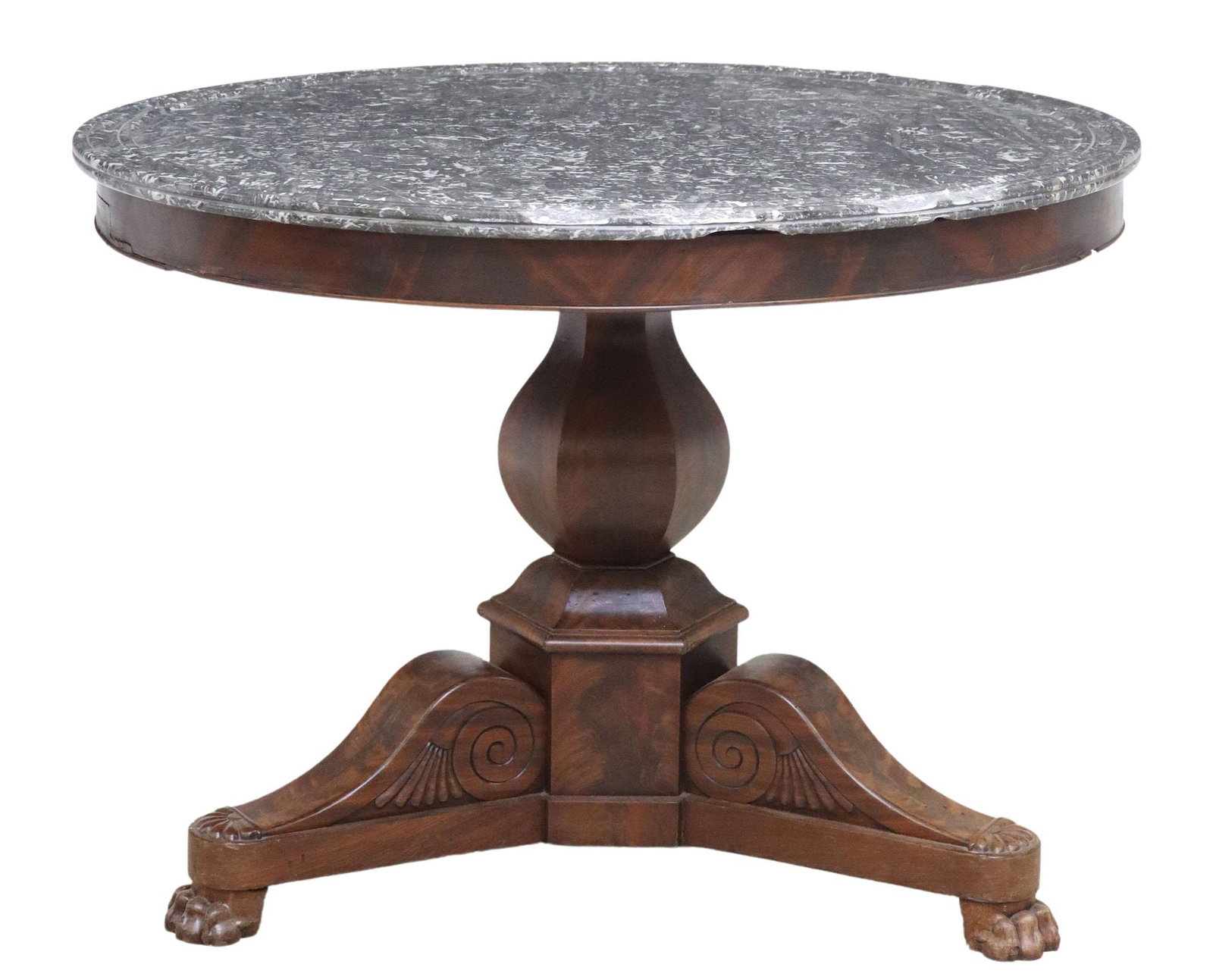 FRENCH EMPIRE STYLE MARBLE-TOP MAHOGANY GUERIDON: French Empire style mahogany pedestal table, 19th c., having circular marble top, rising on paneled standard and tripod base, ending on paw feet, marble intact with visible restoration and loss a