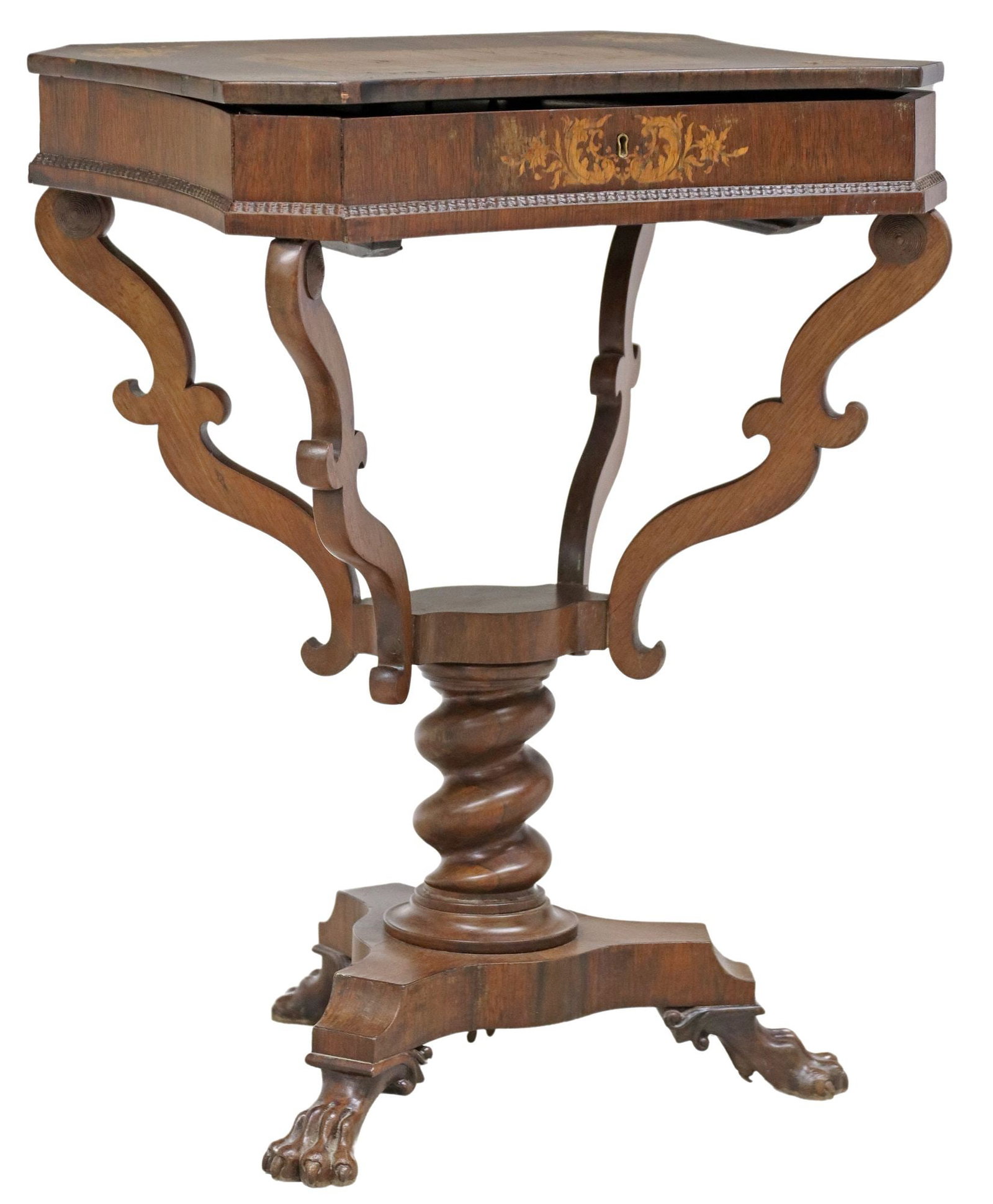FRENCH INLAID ROSEWOOD SEWING TABLE ON PEDESTAL, 19TH C.: French inlaid rosewood sewing table on pedestal, 19th c., shaped top with inlaid scrollwork and floral marquetry, opening to sectioned interior, rising on scrolled supports and turned pedestal, ending